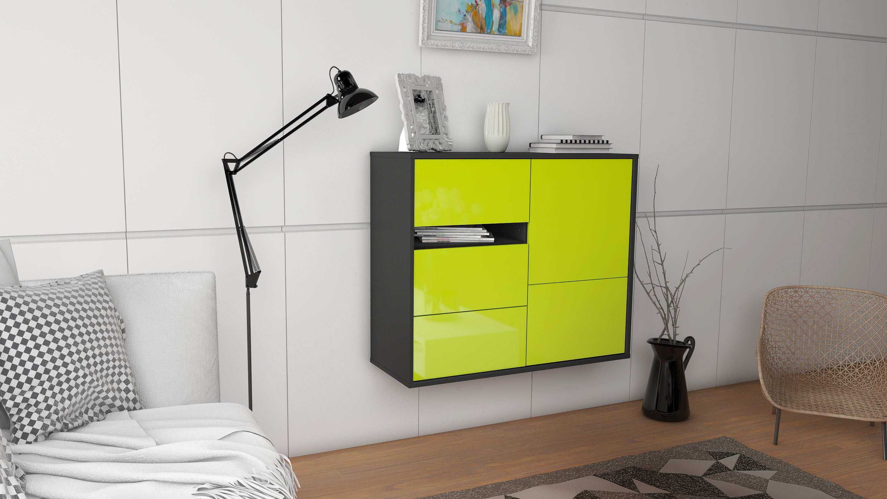 Sideboard - Davina - Design Hochglanz - Wandmontiert mit Push to open  92 cm Anthrazit