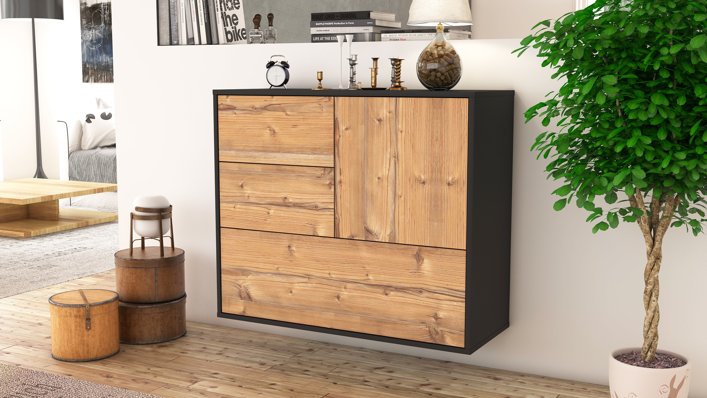 Sideboard - Deanna - Design Holzdekor - Wandmontiert mit Push to open  92 cm Anthrazit