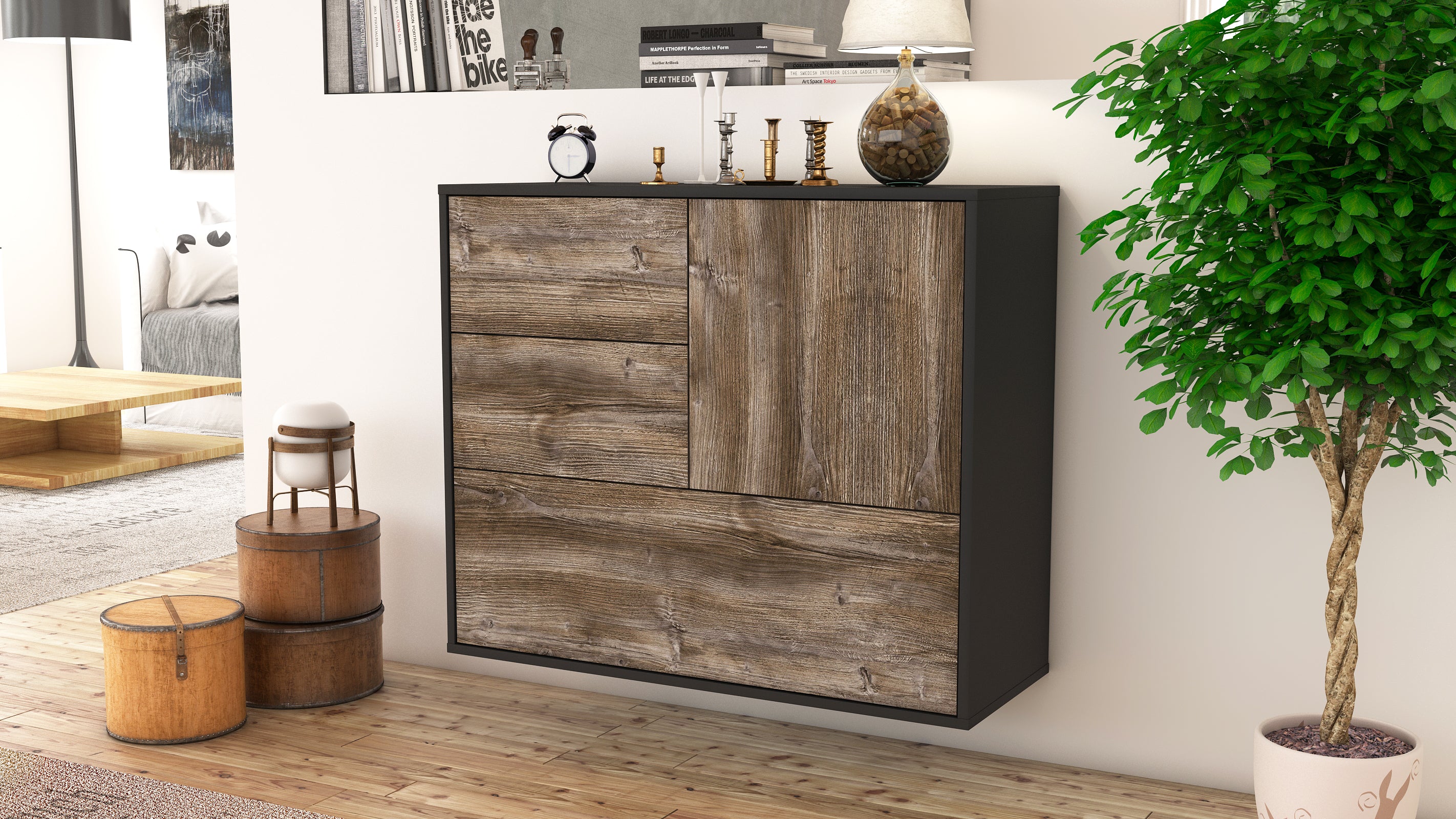 Sideboard - Deanna - Design Holzdekor - Wandmontiert mit Push to open  92 cm Anthrazit