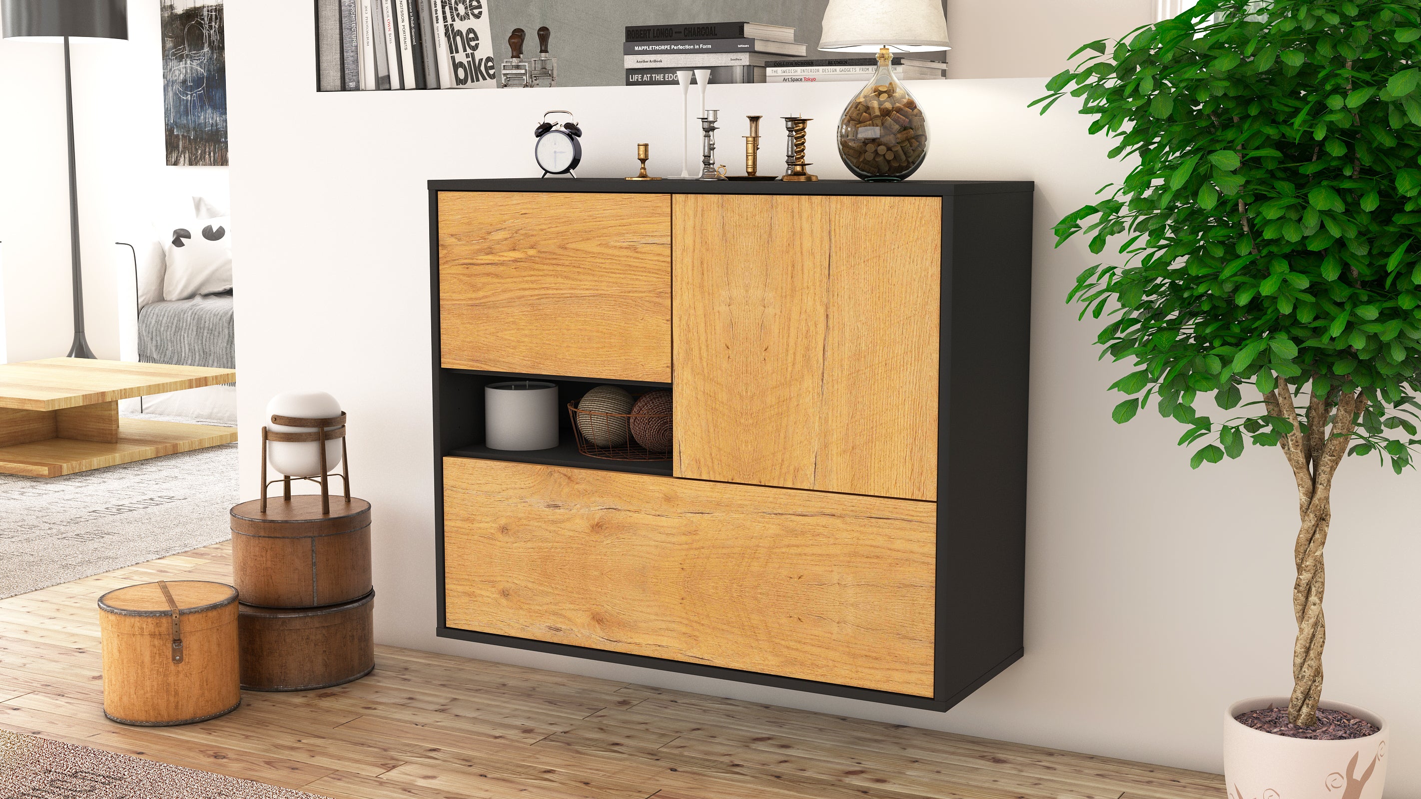 Sideboard - Debora - Design Holzdekor - Wandmontiert mit Push to open  92 cm Anthrazit