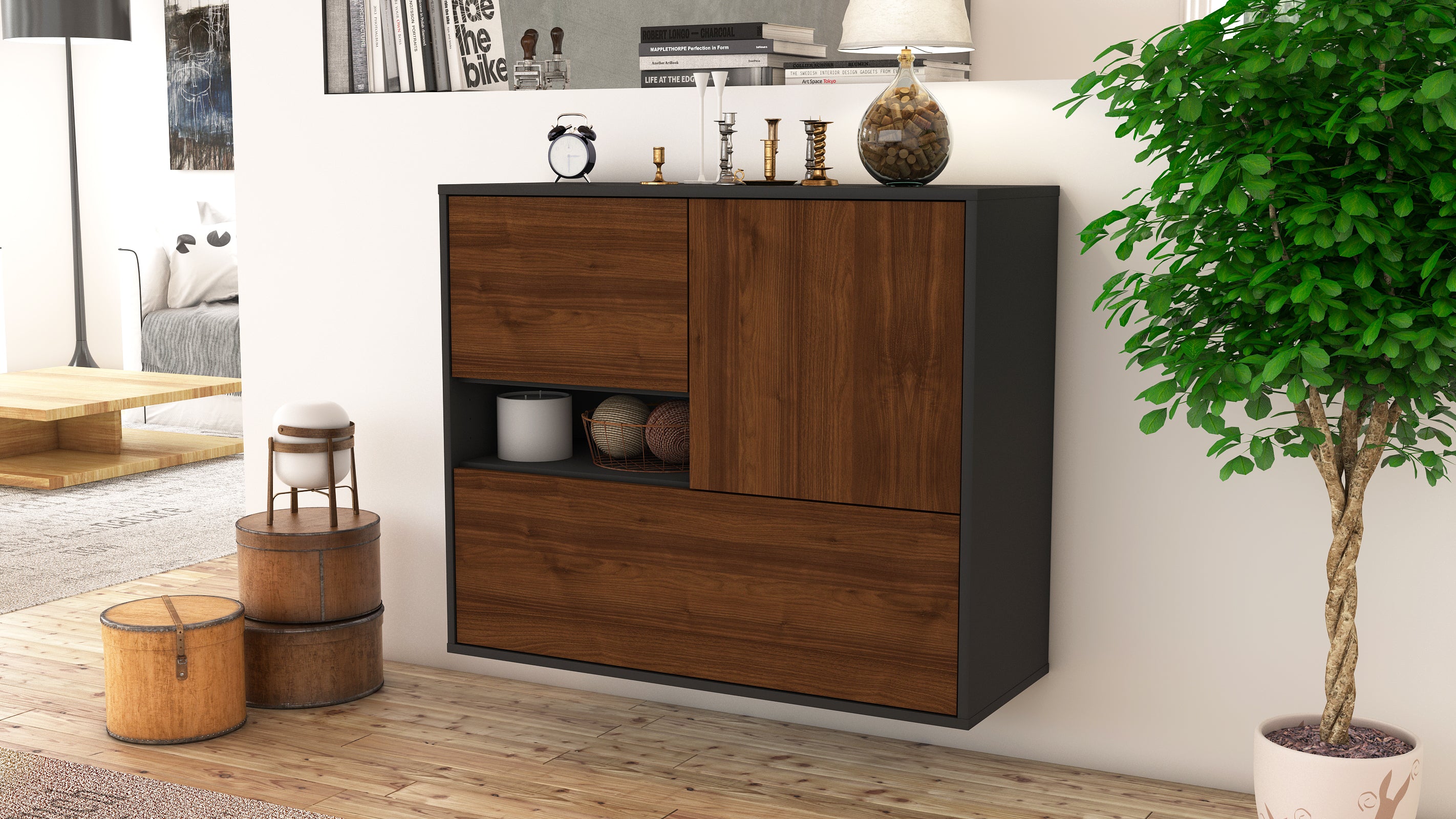 Sideboard - Debora - Design Holzdekor - Wandmontiert mit Push to open  92 cm Anthrazit
