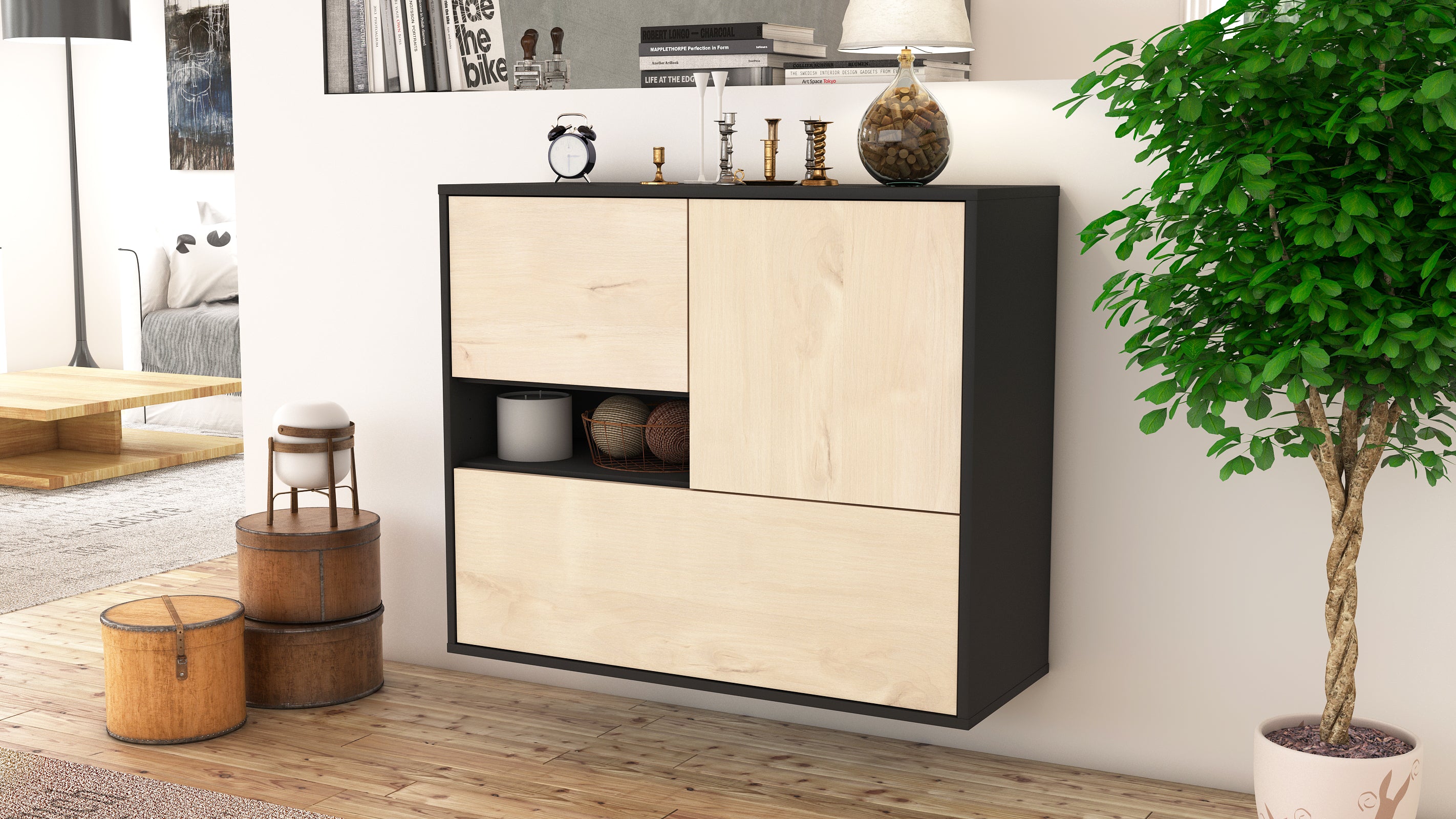 Sideboard - Debora - Design Holzdekor - Wandmontiert mit Push to open  92 cm Anthrazit