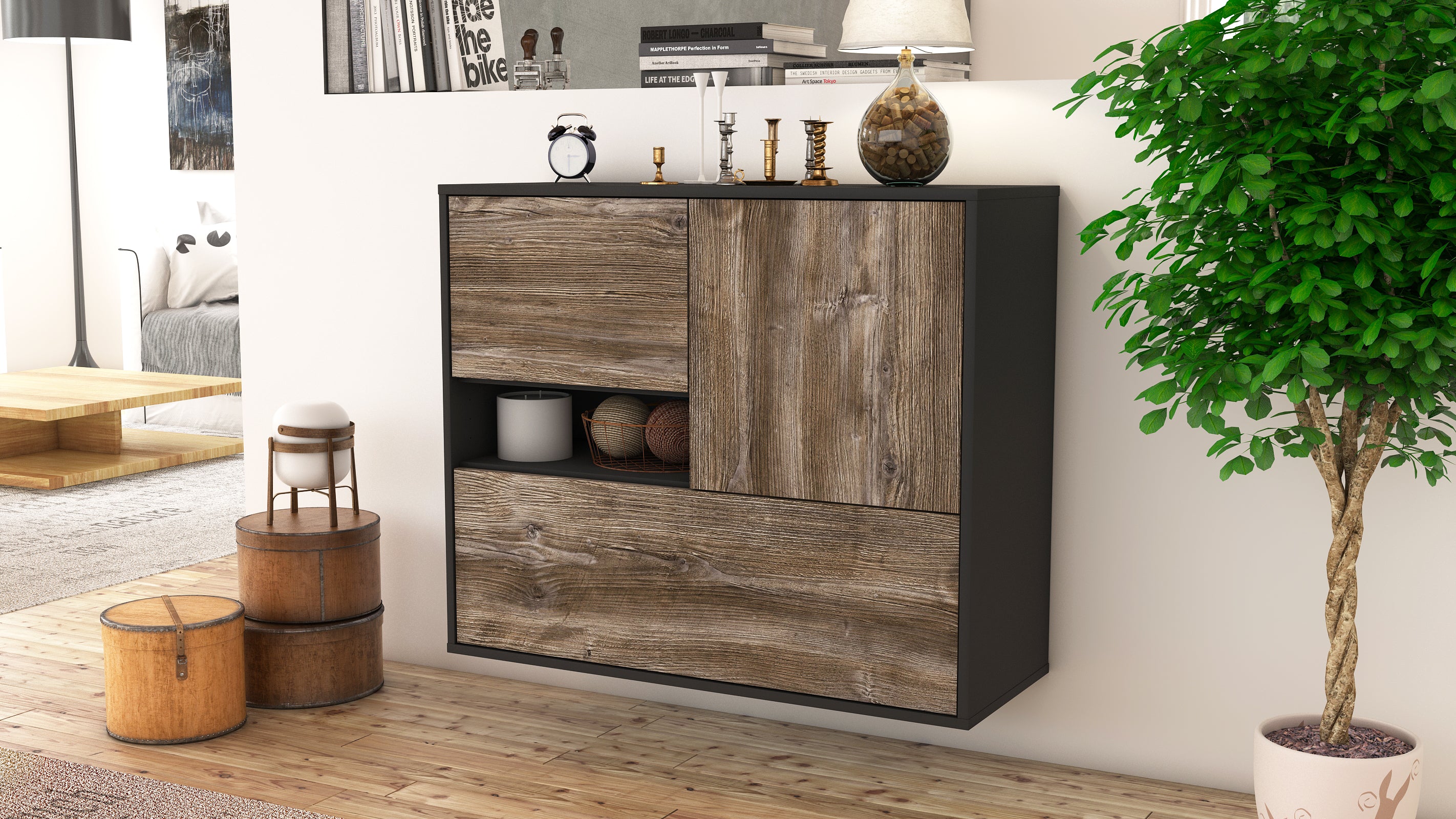Sideboard - Debora - Design Holzdekor - Wandmontiert mit Push to open  92 cm Anthrazit