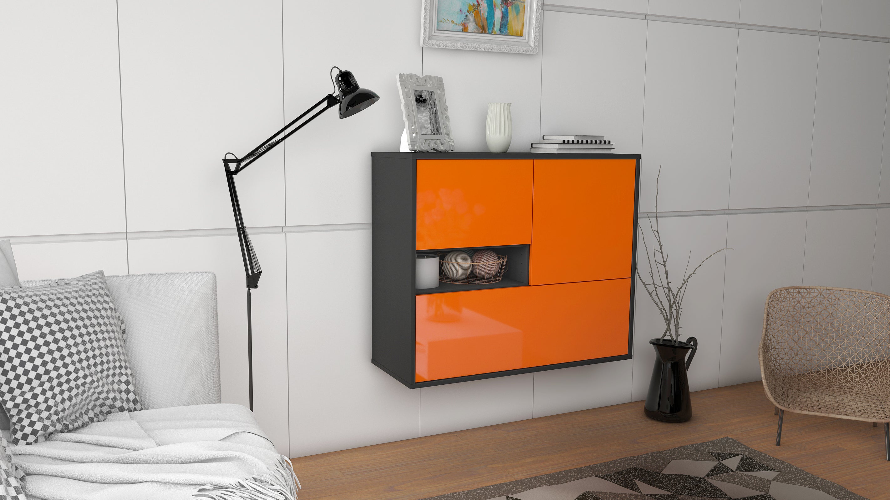 Sideboard - Debora - Design Hochglanz - Wandmontiert mit Push to open  92 cm Anthrazit