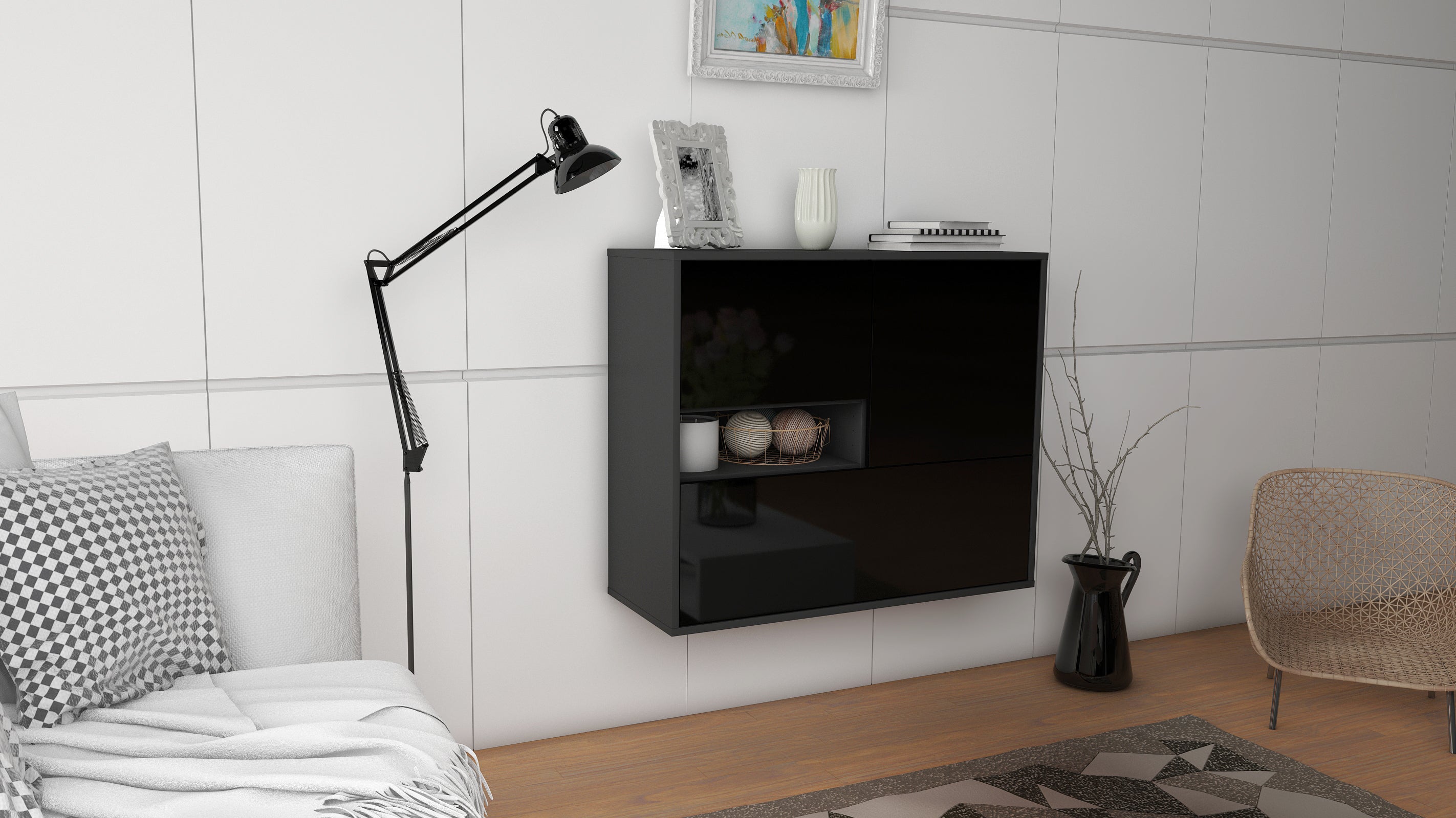 Sideboard - Debora - Design Hochglanz - Wandmontiert mit Push to open  92 cm Anthrazit