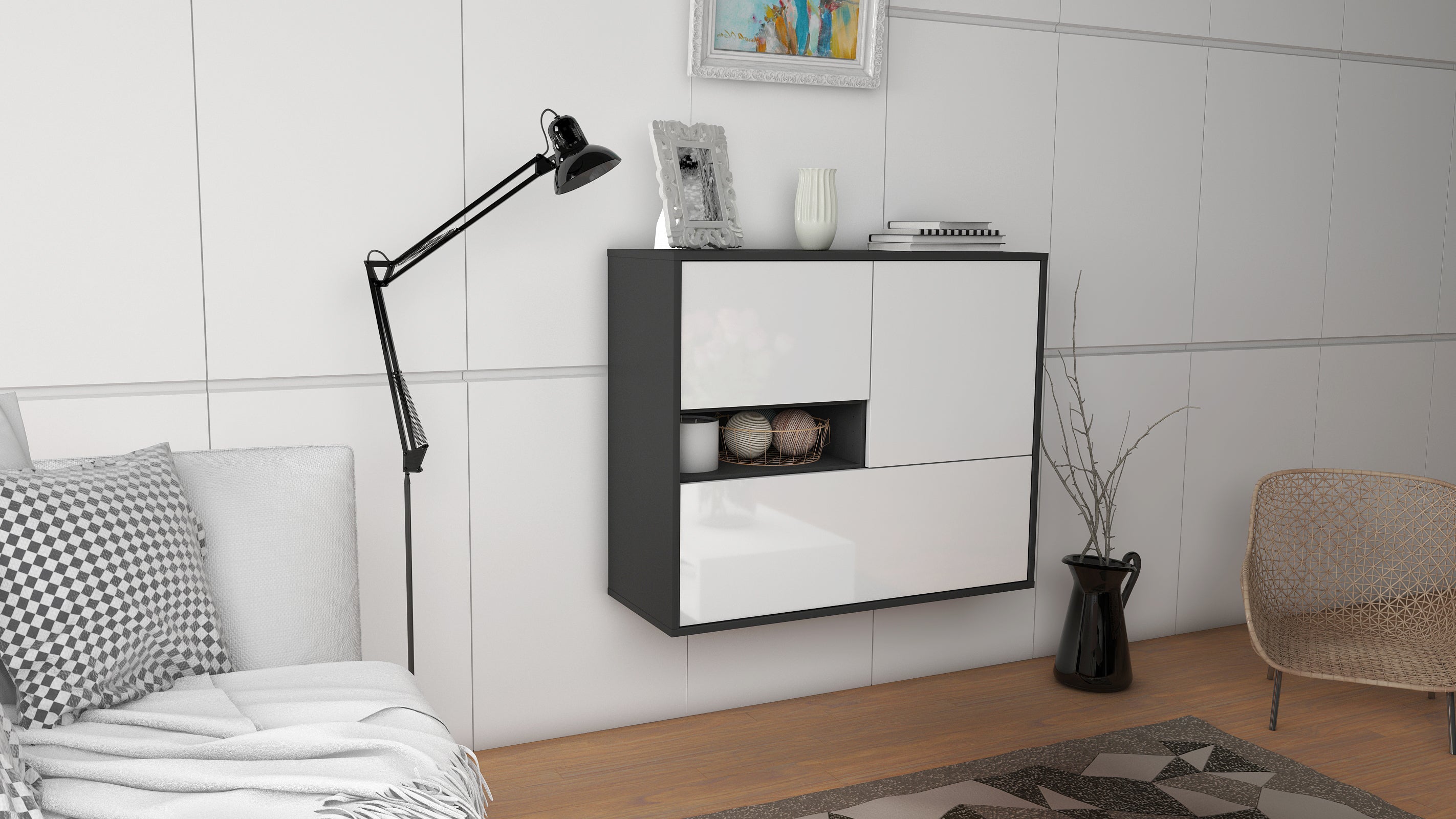 Sideboard - Debora - Design Hochglanz - Wandmontiert mit Push to open  92 cm Anthrazit