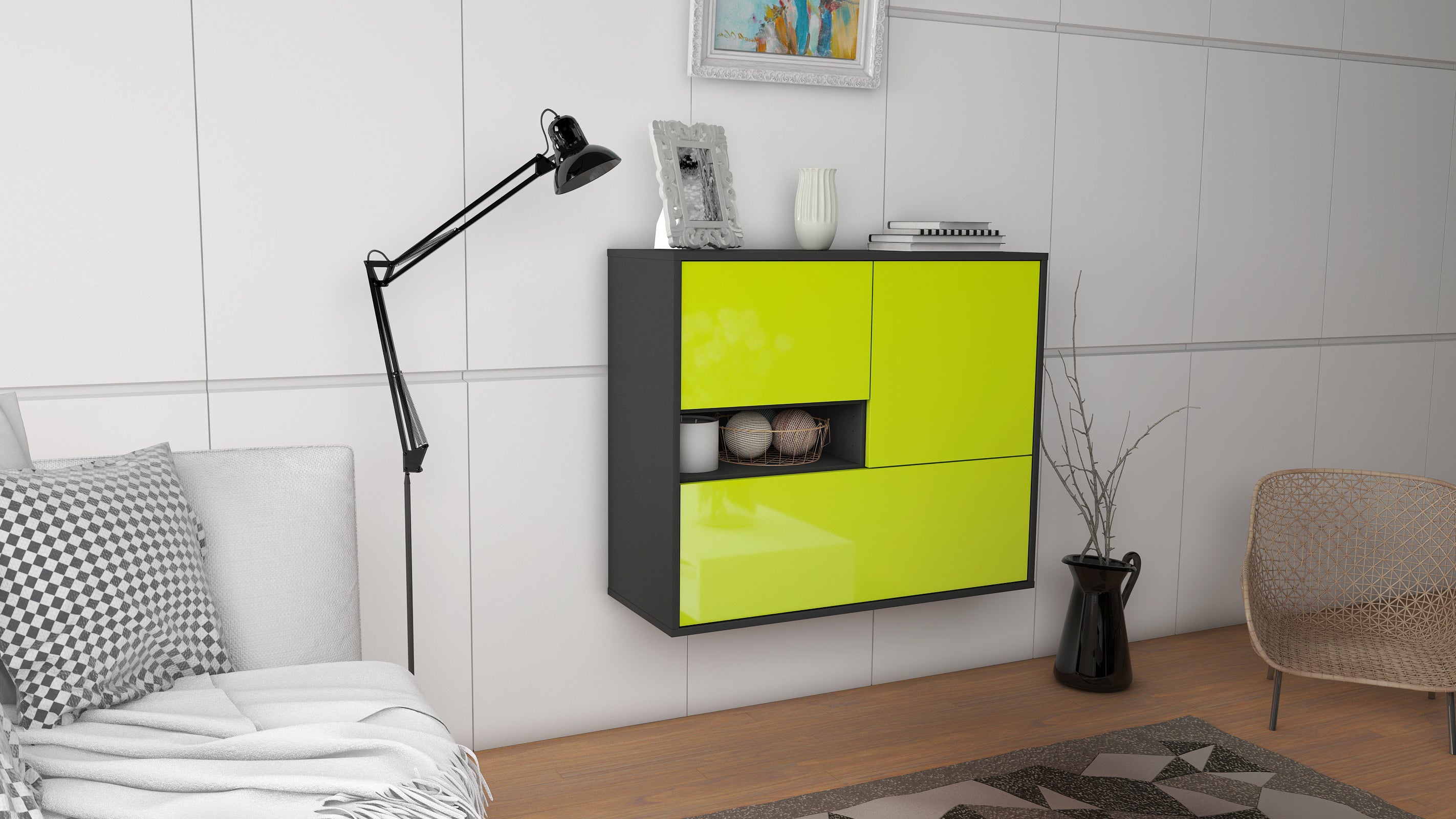 Sideboard - Debora - Design Hochglanz - Wandmontiert mit Push to open  92 cm Anthrazit
