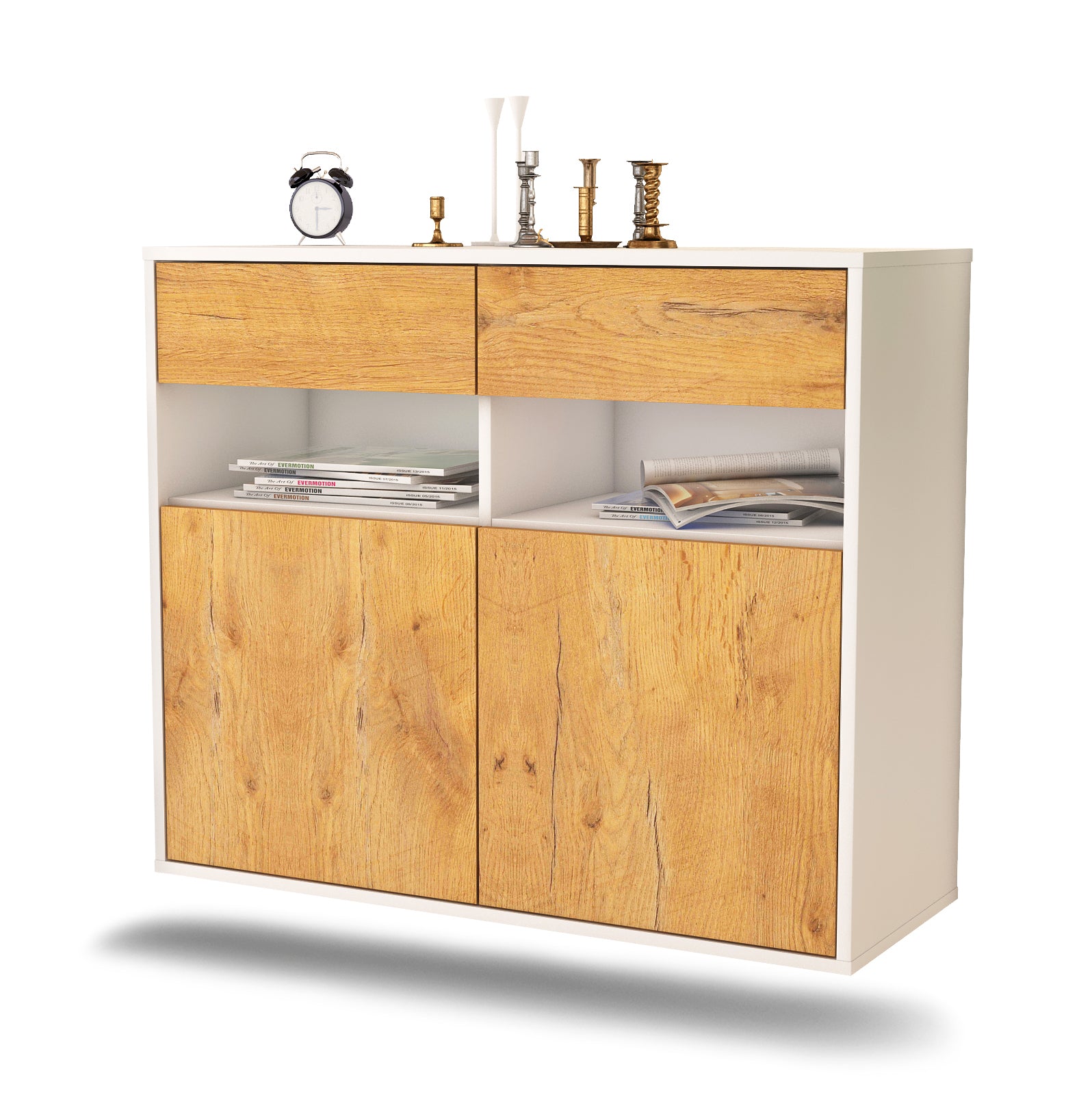 Sideboard - Bruna - Design Holzdekor - Wandmontiert mit Push to open  92 cm Weiss