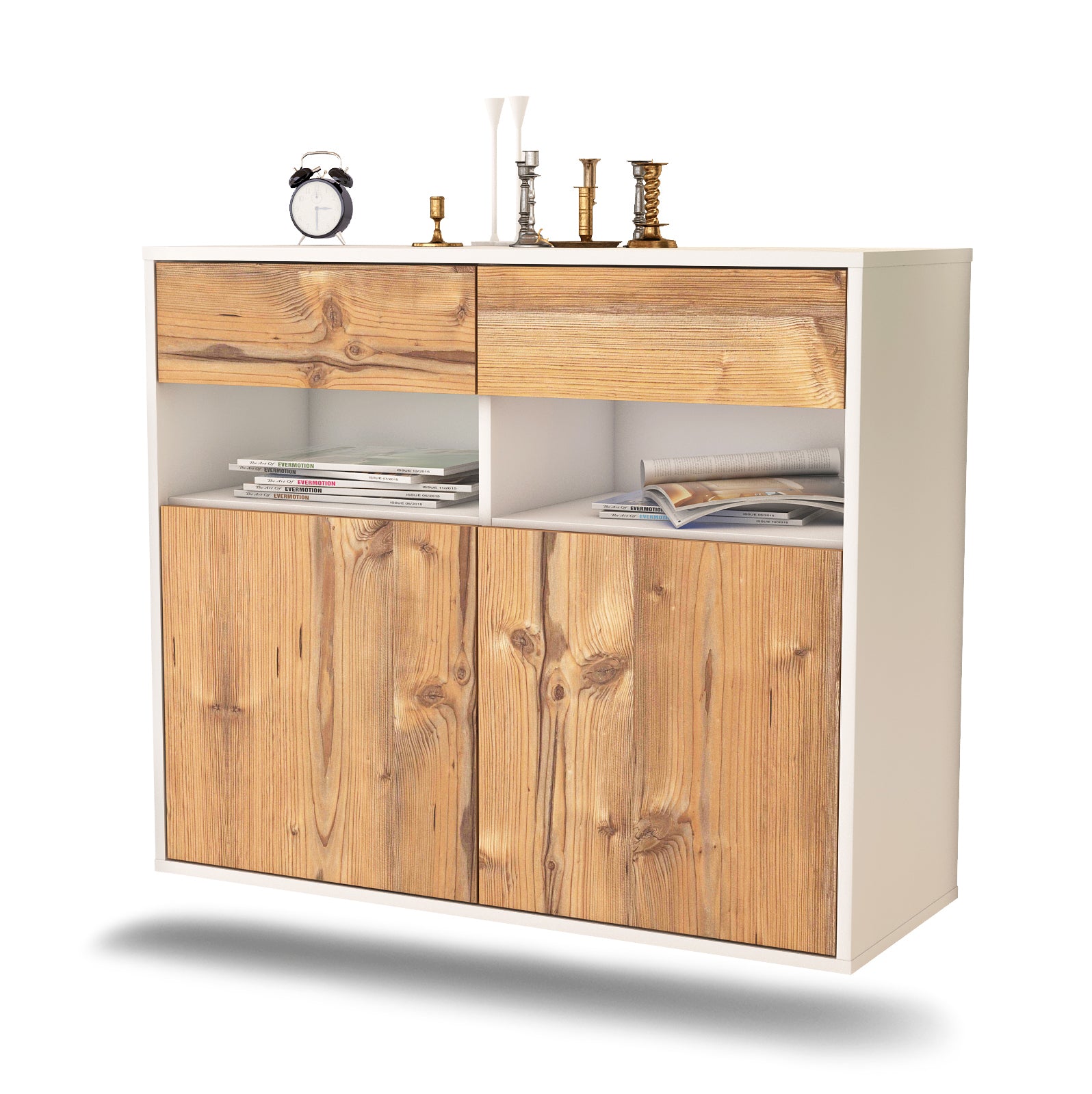 Sideboard - Bruna - Design Holzdekor - Wandmontiert mit Push to open  92 cm Weiss