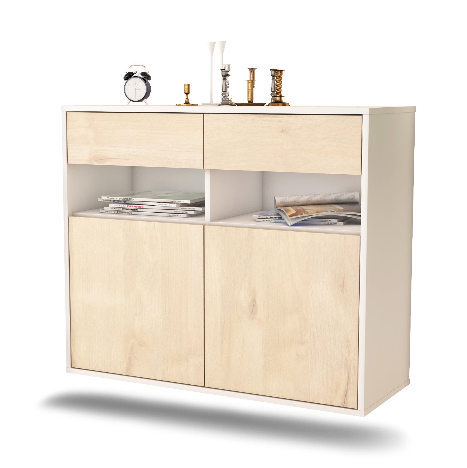 Sideboard - Bruna - Design Holzdekor - Wandmontiert mit Push to open  92 cm Weiss