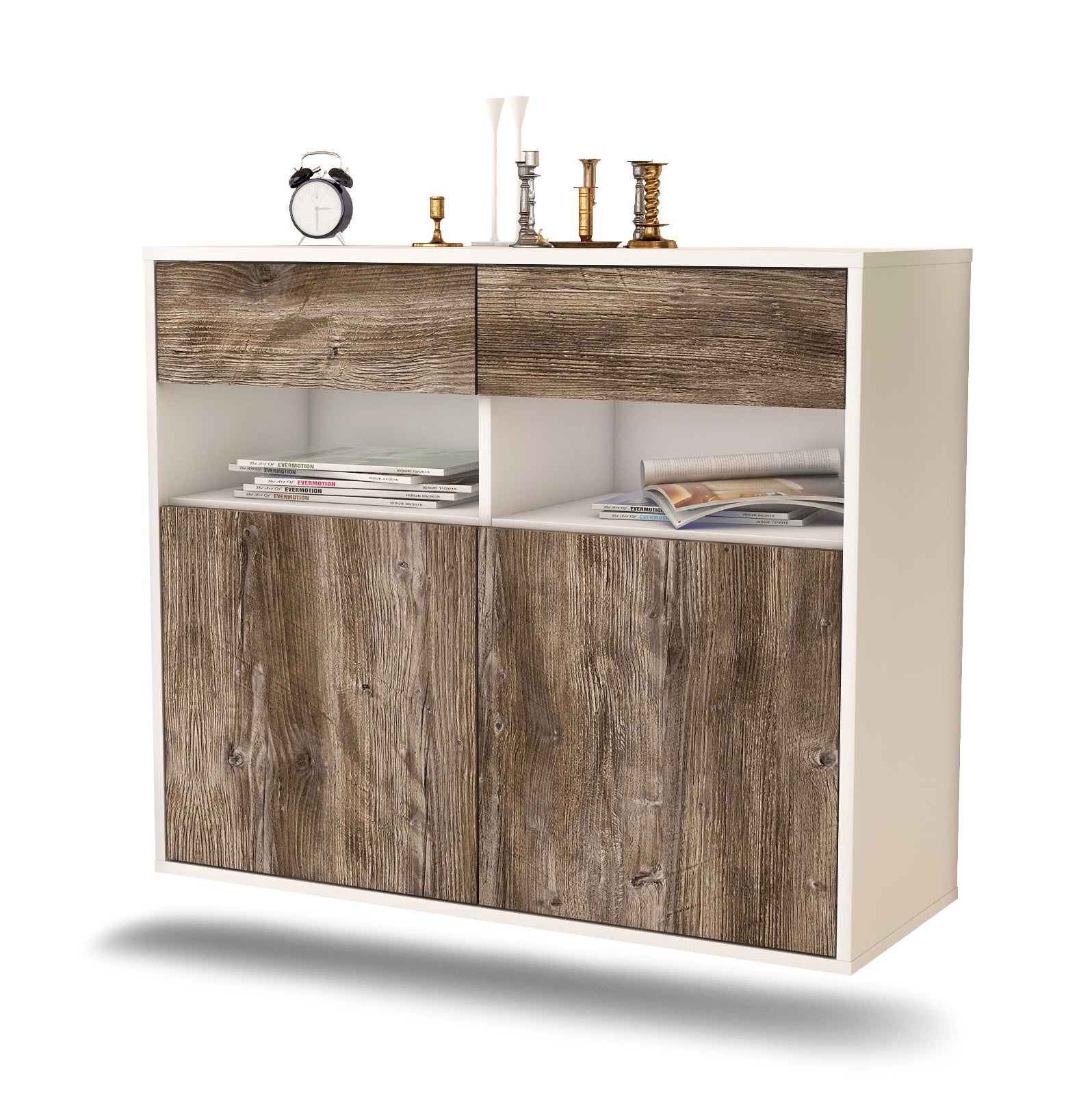 Sideboard - Bruna - Design Holzdekor - Wandmontiert mit Push to open  92 cm Weiss