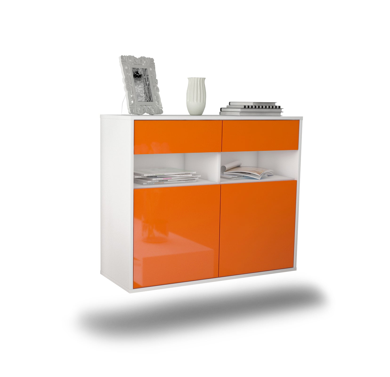 Sideboard - Bruna - Design Hochglanz - Wandmontiert mit Push to open  92 cm Weiss