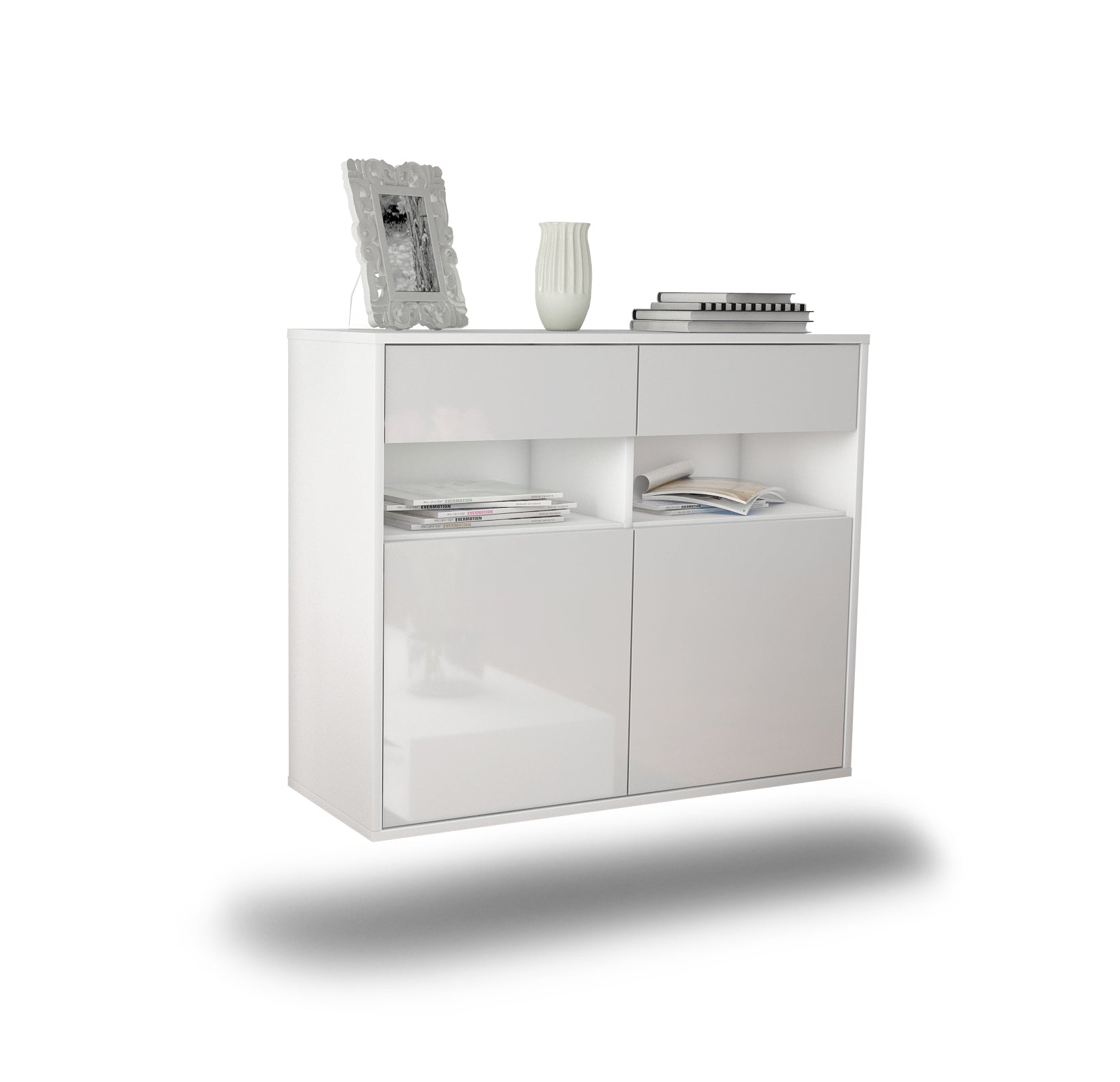 Sideboard - Bruna - Design Hochglanz - Wandmontiert mit Push to open  92 cm Weiss