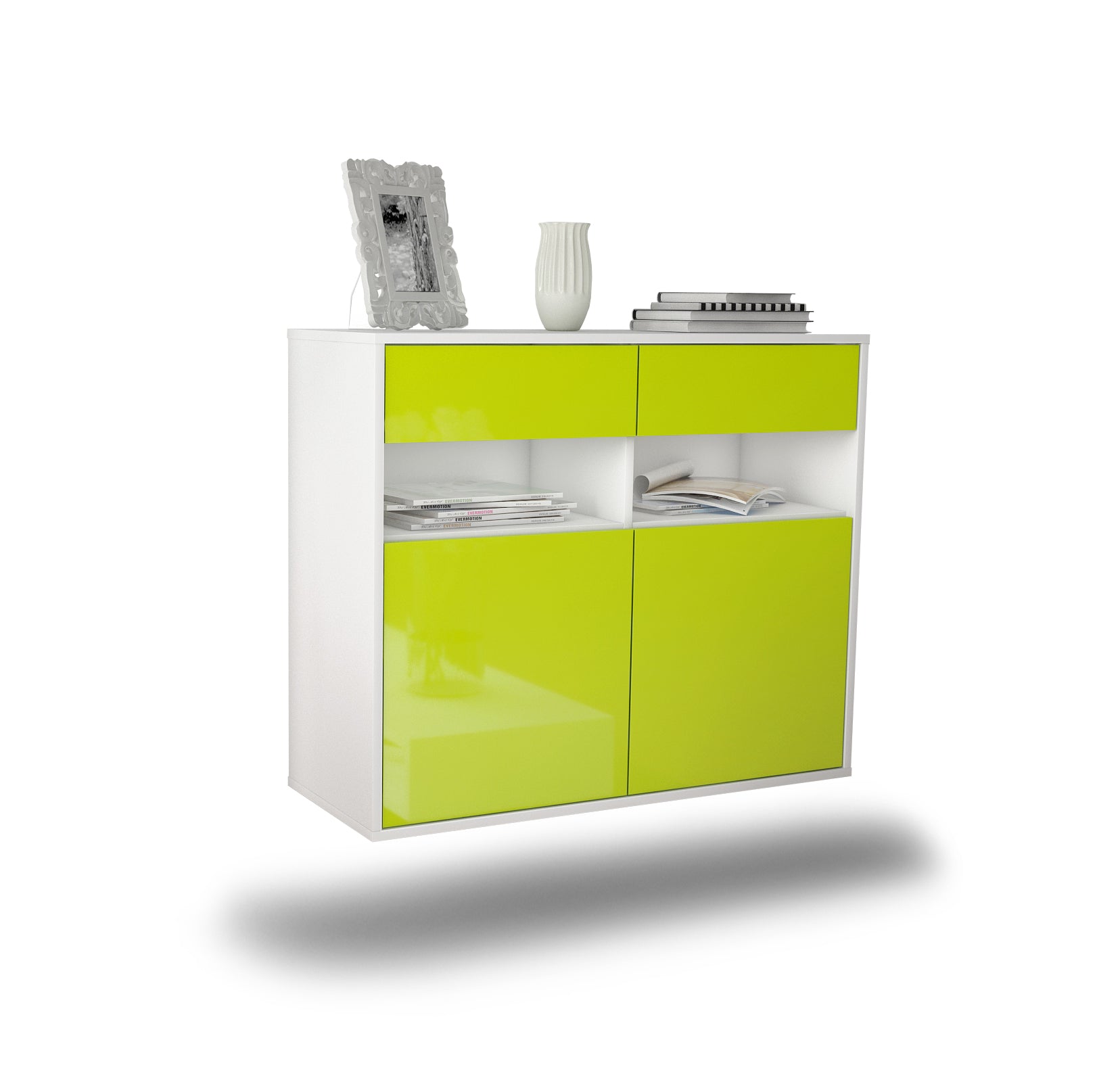 Sideboard - Bruna - Design Hochglanz - Wandmontiert mit Push to open  92 cm Weiss