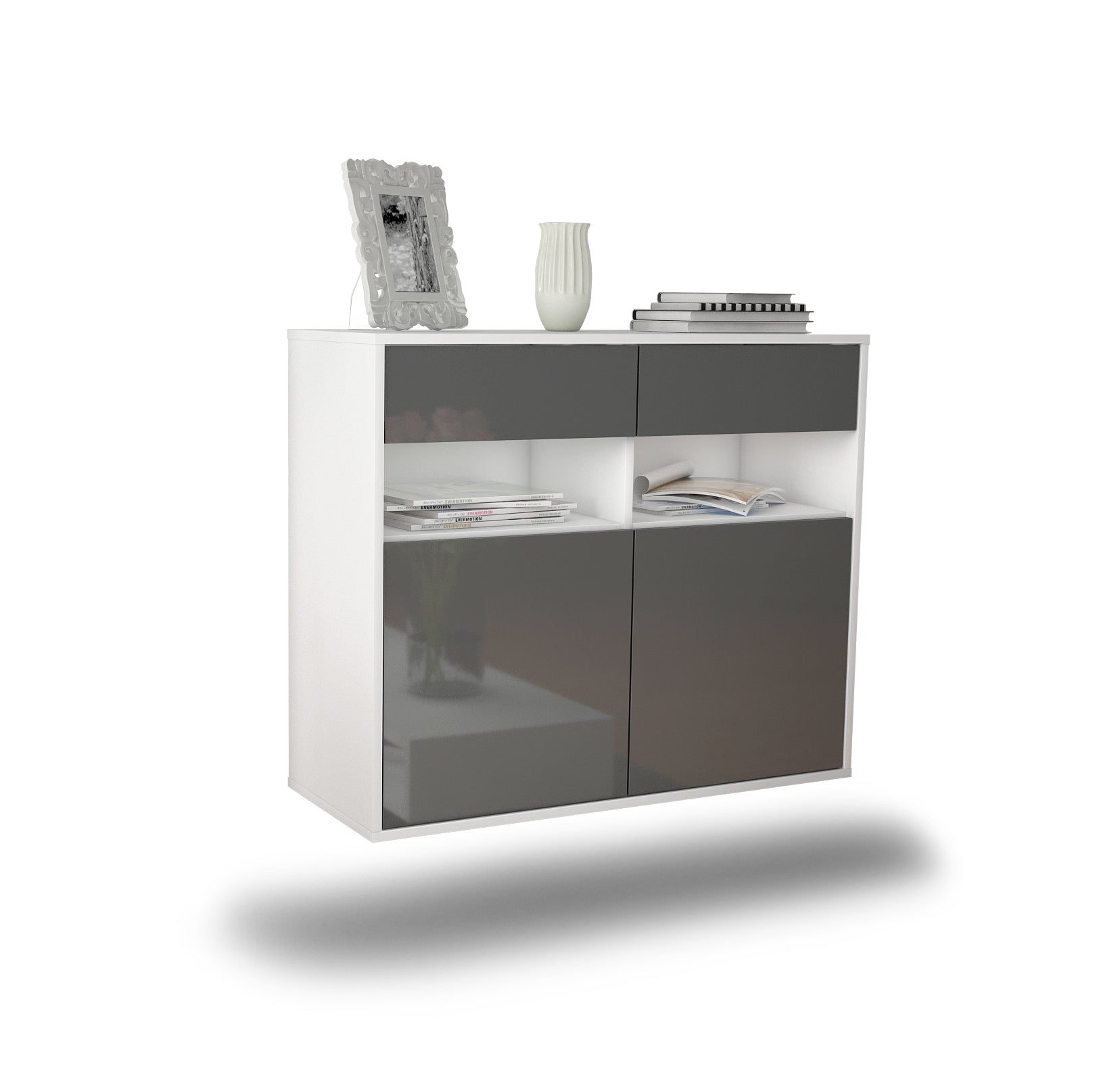 Sideboard - Bruna - Design Hochglanz - Wandmontiert mit Push to open  92 cm Weiss