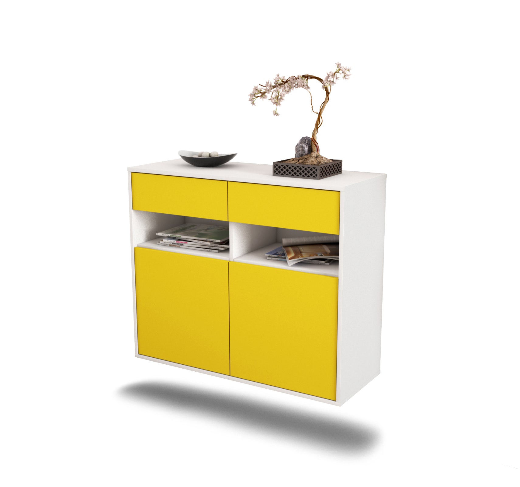 Sideboard - Bruna - Design Farbakzent - Wandmontiert mit Push to open  92 cm Weiss