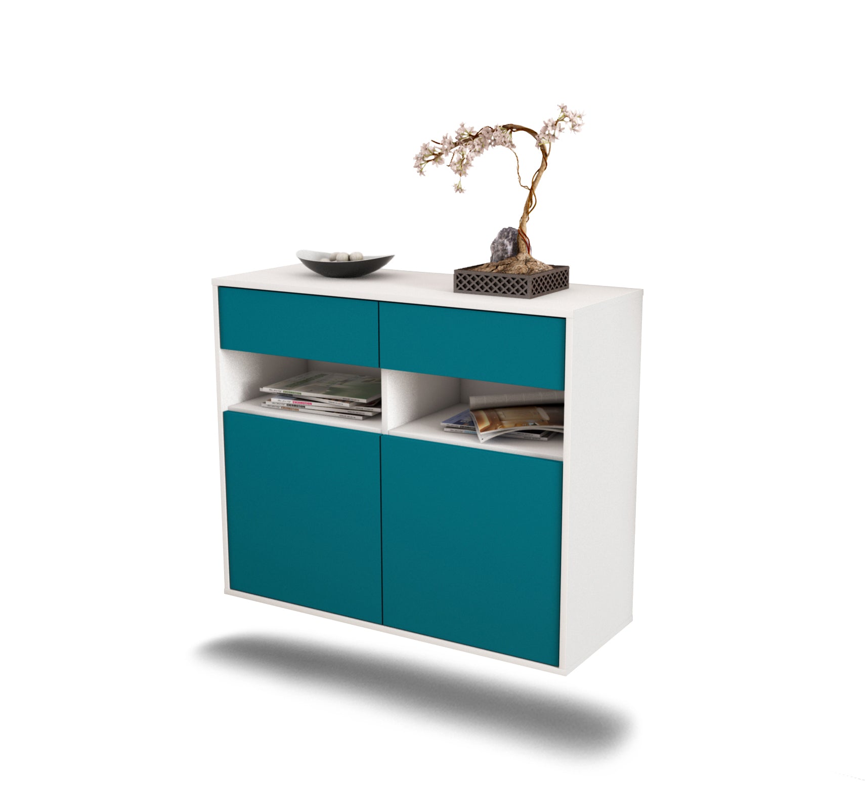 Sideboard - Bruna - Design Farbakzent - Wandmontiert mit Push to open  92 cm Weiss