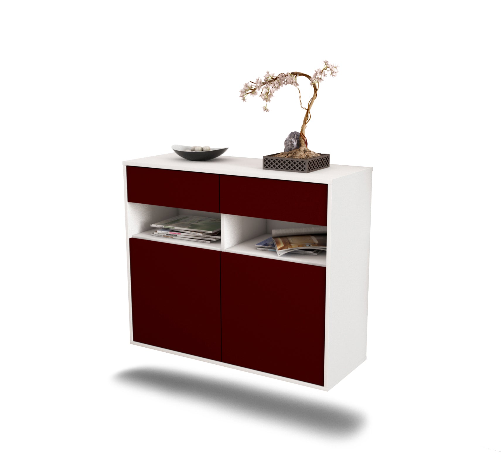 Sideboard - Bruna - Design Farbakzent - Wandmontiert mit Push to open  92 cm Weiss