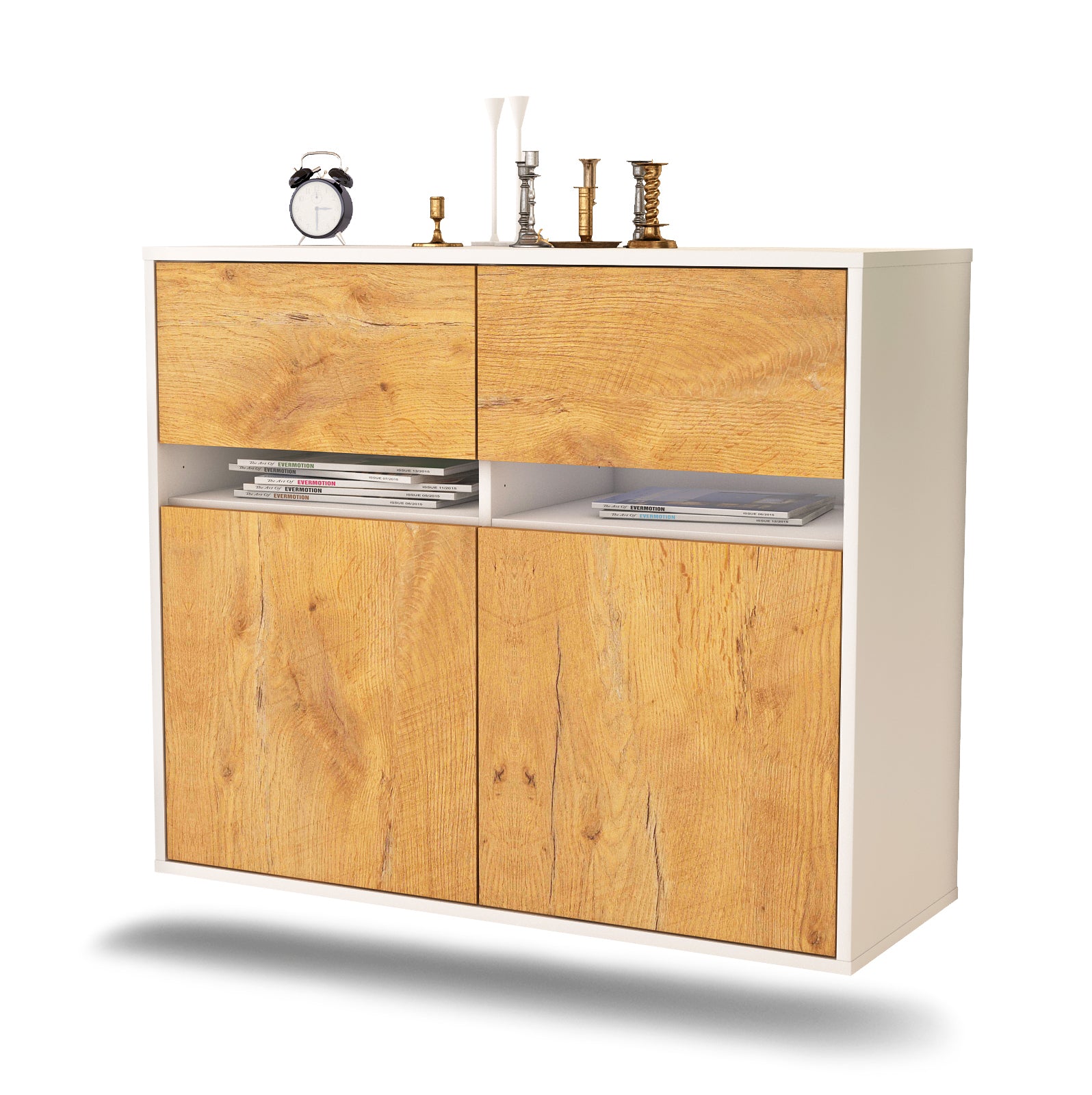 Sideboard - Brunilde - Design Holzdekor - Wandmontiert mit Push to open  92 cm Weiss