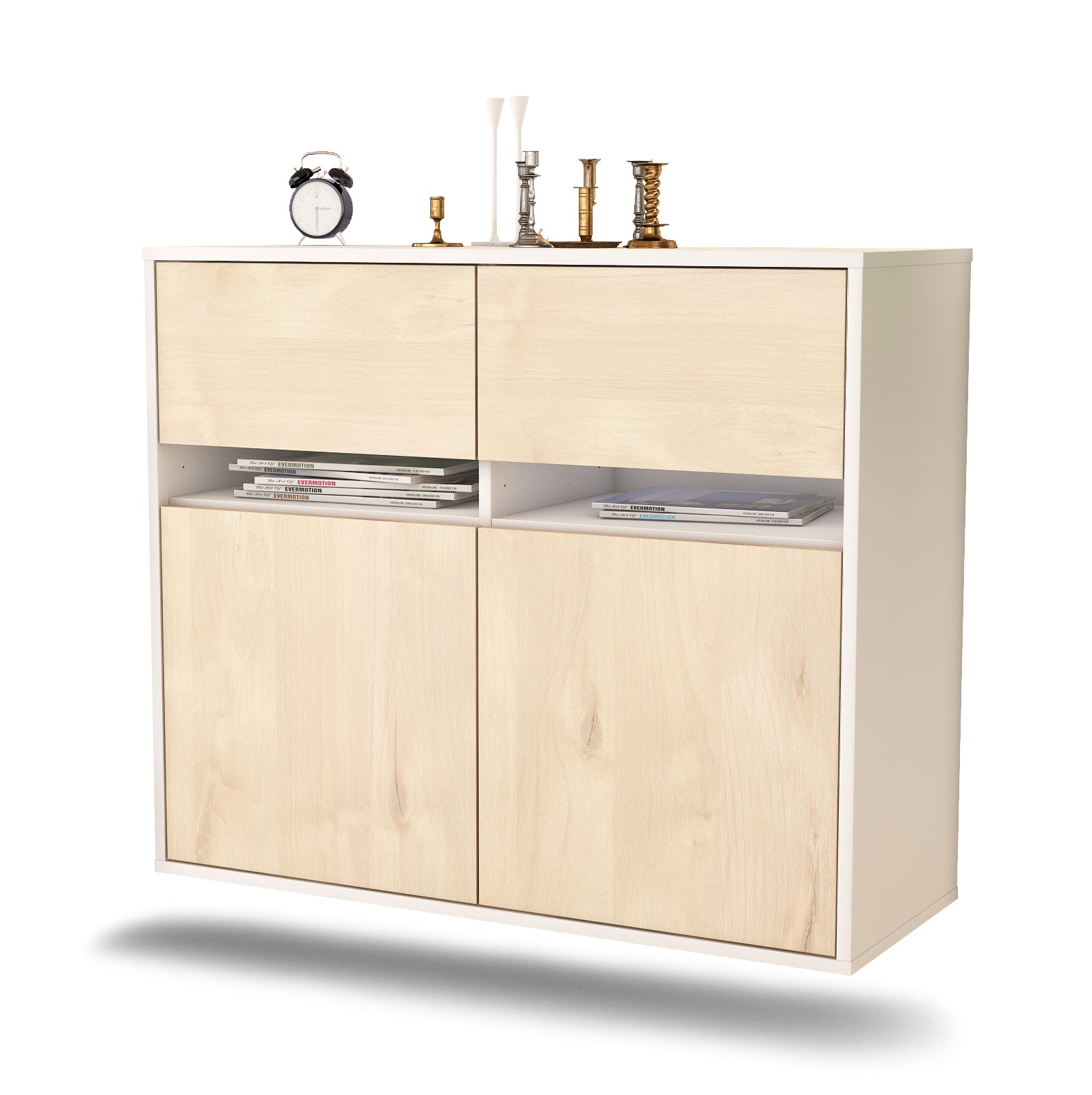 Sideboard - Brunilde - Design Holzdekor - Wandmontiert mit Push to open  92 cm Weiss