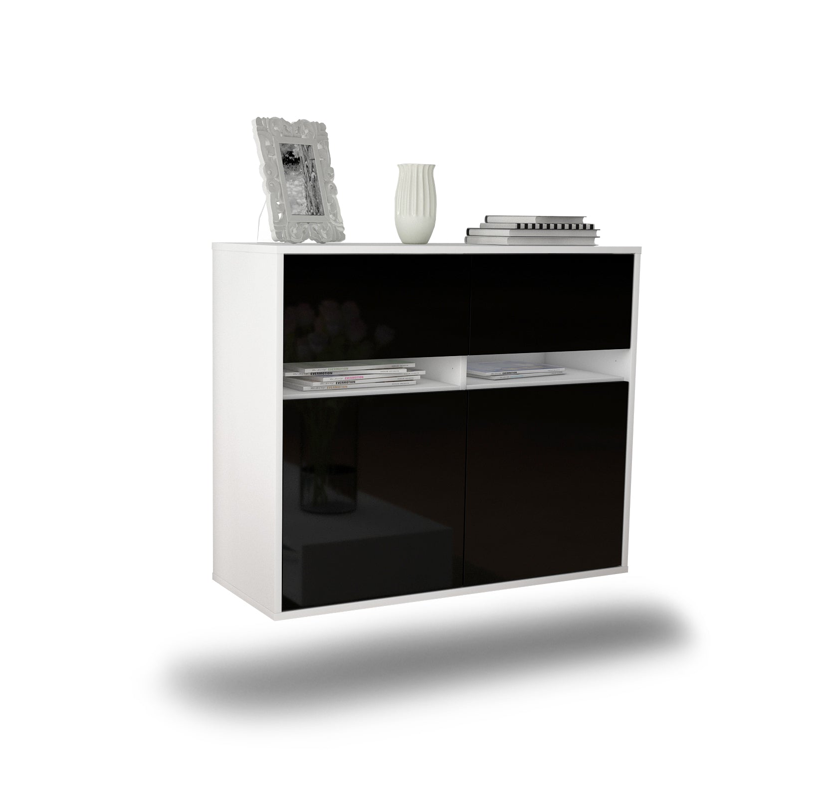 Sideboard - Brunilde - Design Hochglanz - Wandmontiert mit Push to open  92 cm Weiss