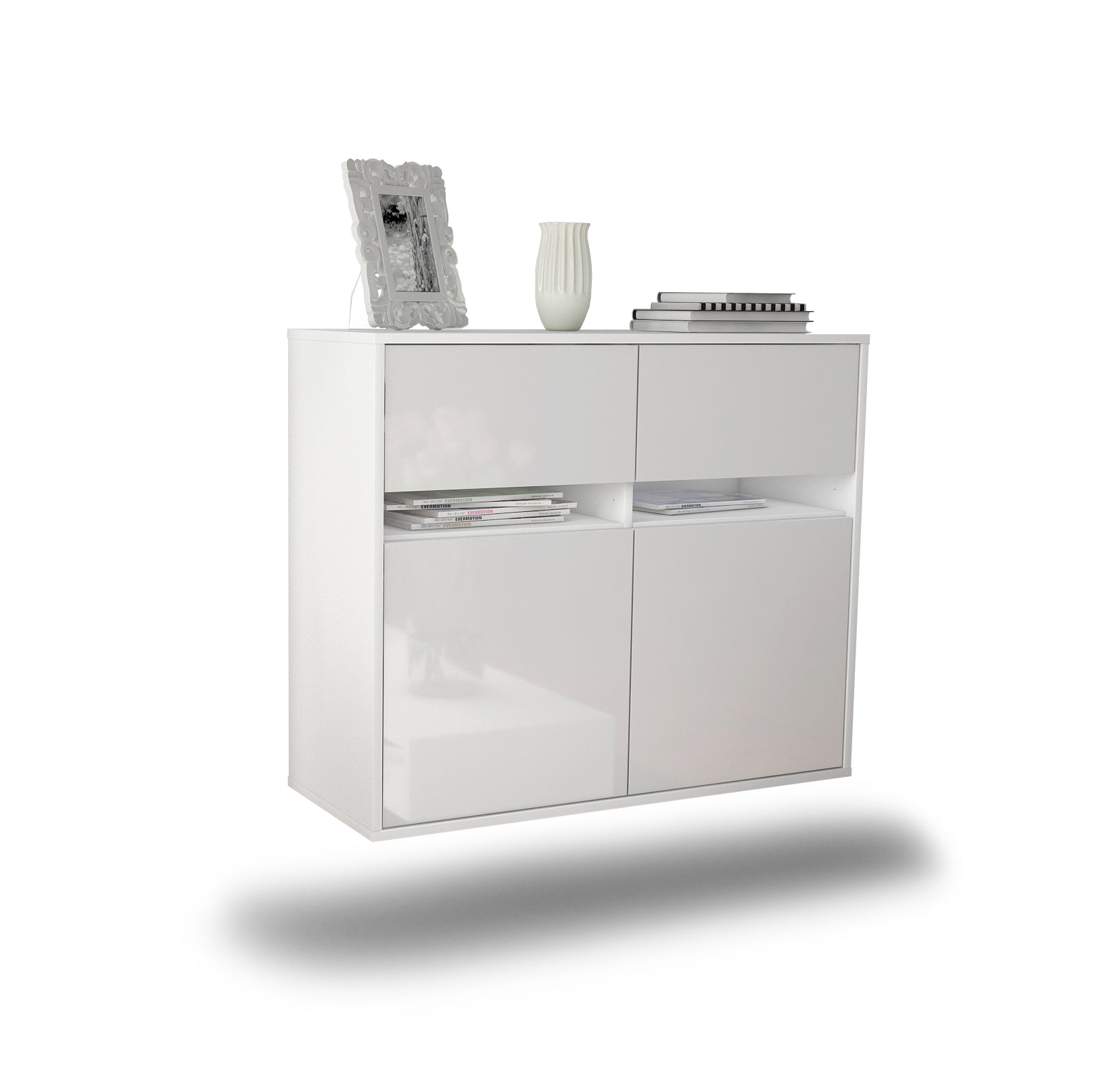 Sideboard - Brunilde - Design Hochglanz - Wandmontiert mit Push to open  92 cm Weiss