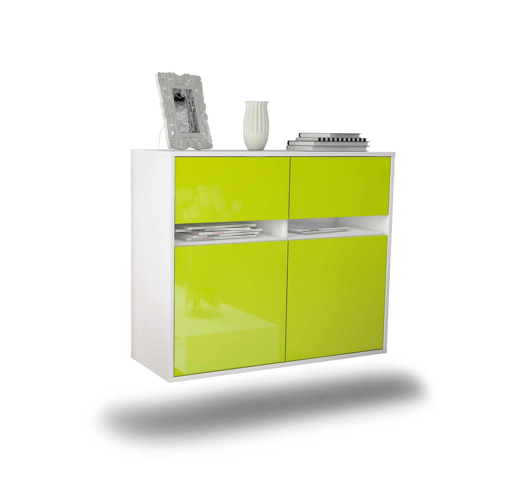 Sideboard - Brunilde - Design Hochglanz - Wandmontiert mit Push to open  92 cm Weiss