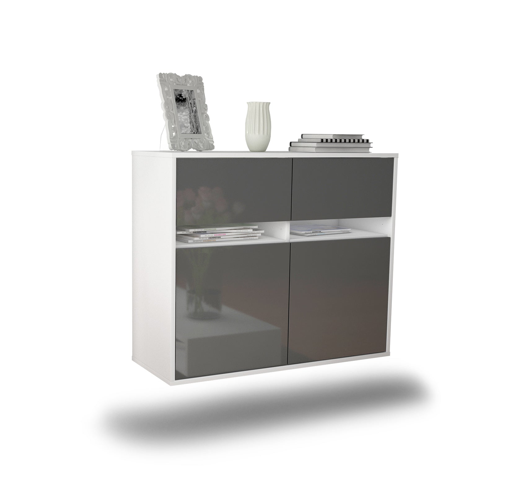 Sideboard - Brunilde - Design Hochglanz - Wandmontiert mit Push to open  92 cm Weiss