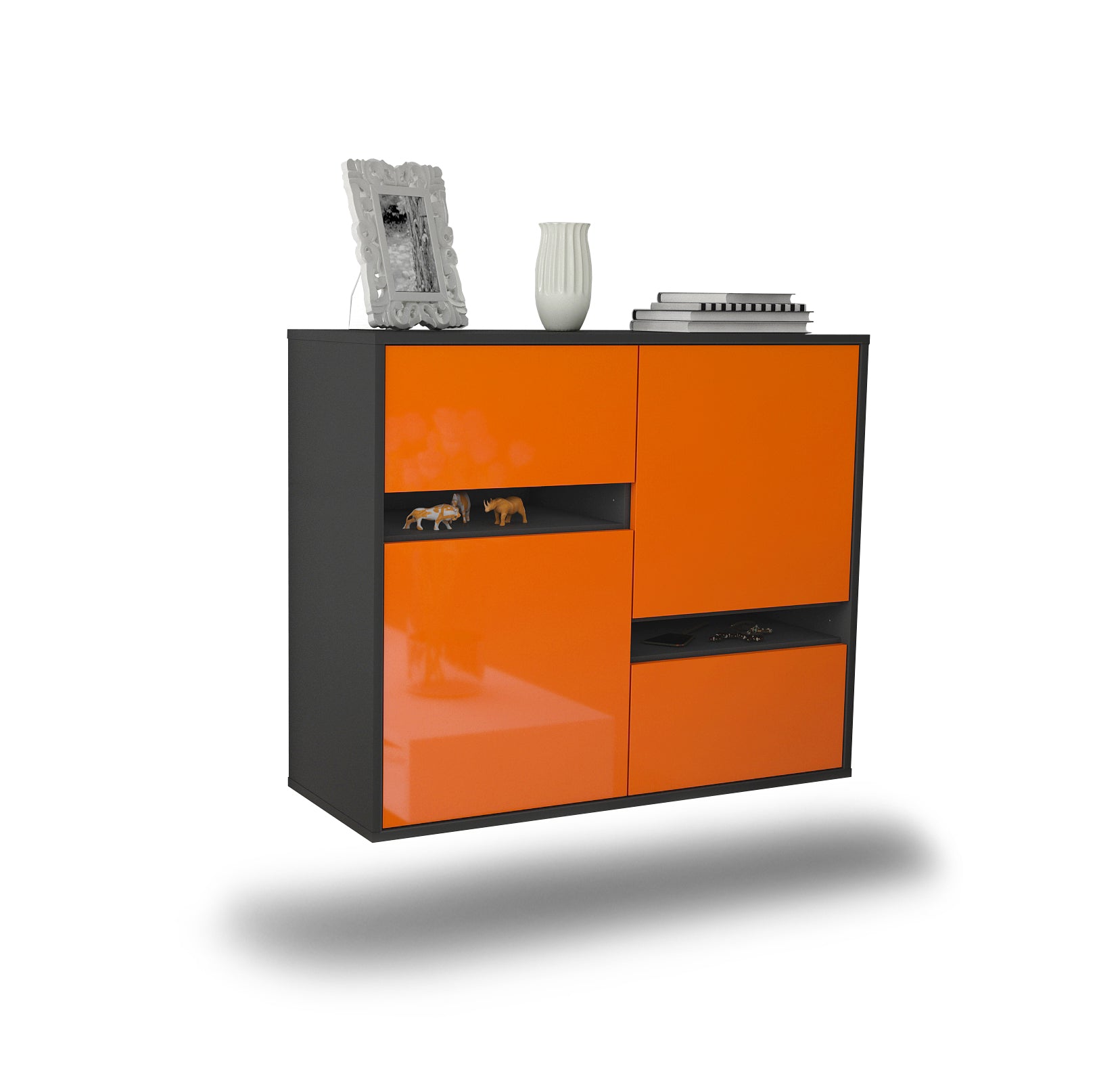 Sideboard - Carlotta - Design Hochglanz - Wandmontiert mit Push to open  92 cm Anthrazit