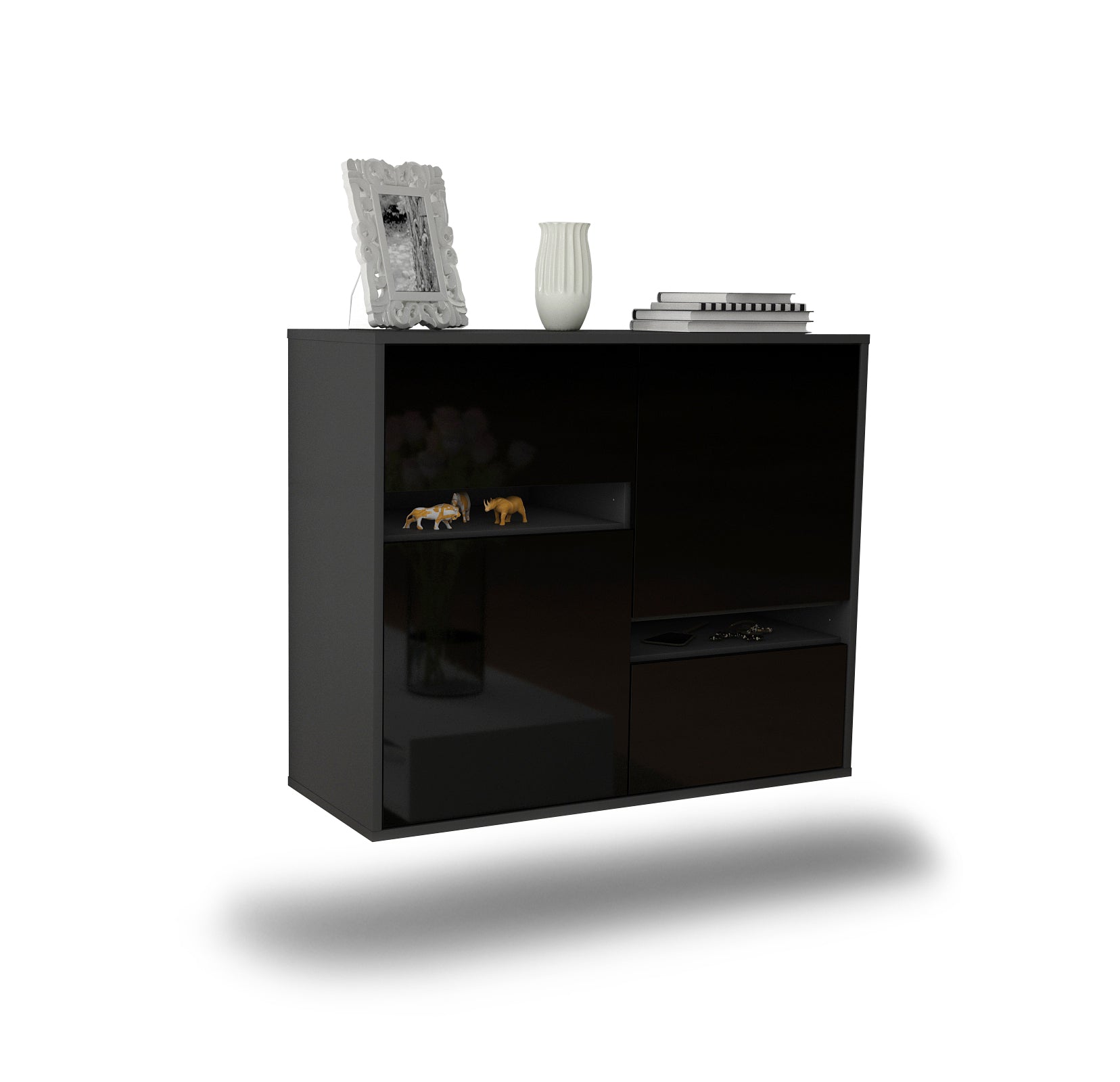 Sideboard - Carlotta - Design Hochglanz - Wandmontiert mit Push to open  92 cm Anthrazit