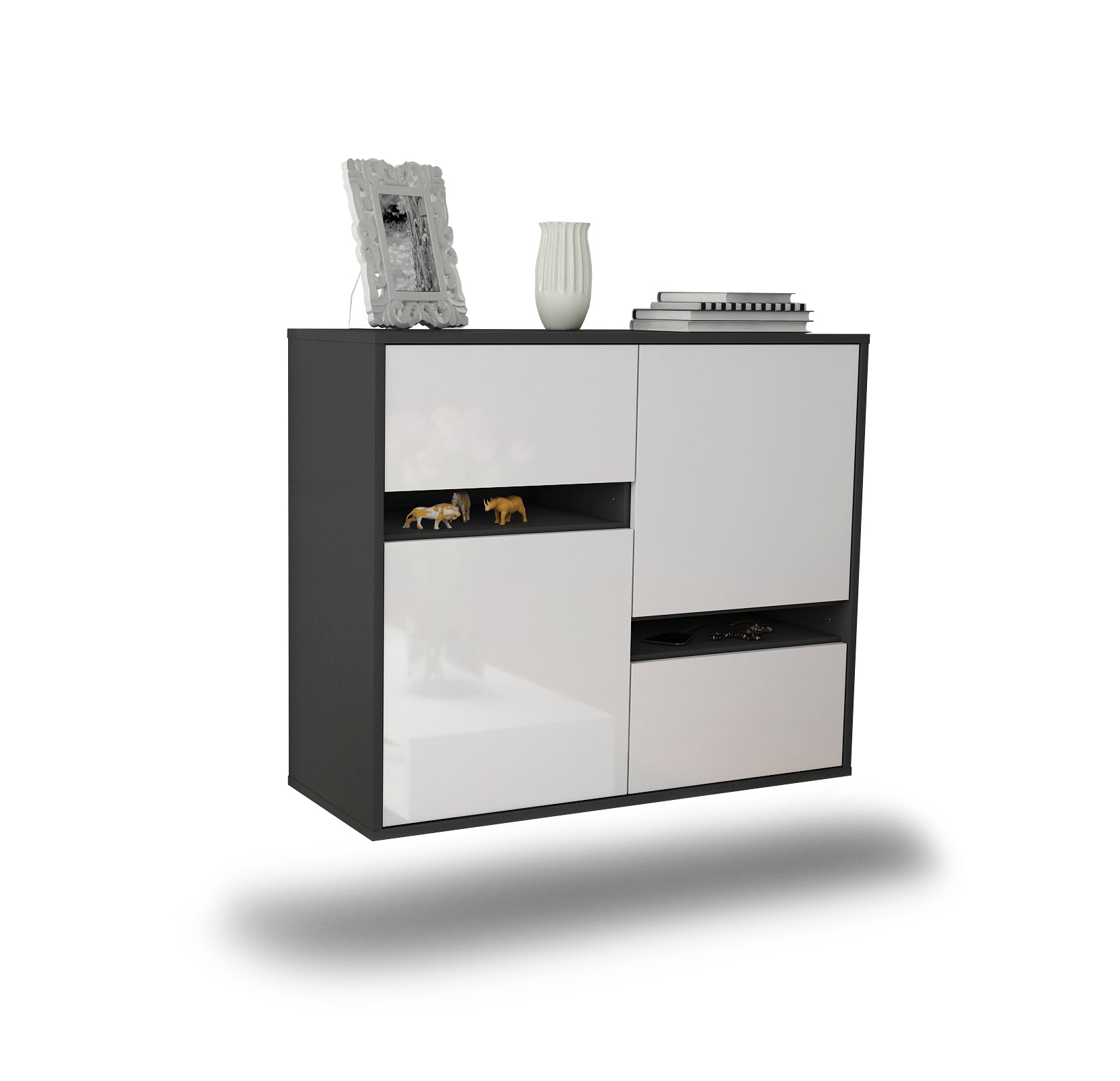 Sideboard - Carlotta - Design Hochglanz - Wandmontiert mit Push to open  92 cm Anthrazit