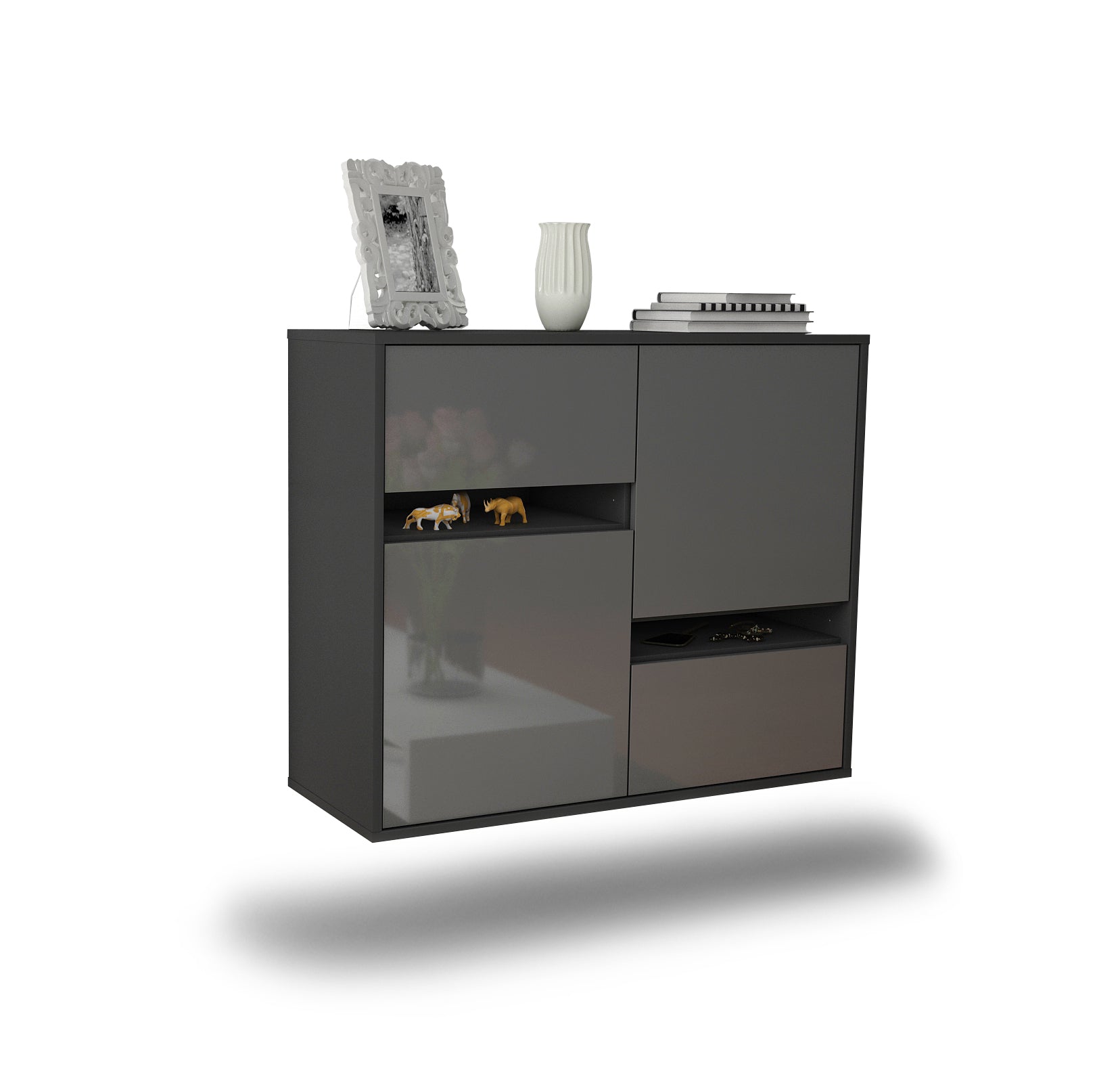 Sideboard - Carlotta - Design Hochglanz - Wandmontiert mit Push to open  92 cm Anthrazit