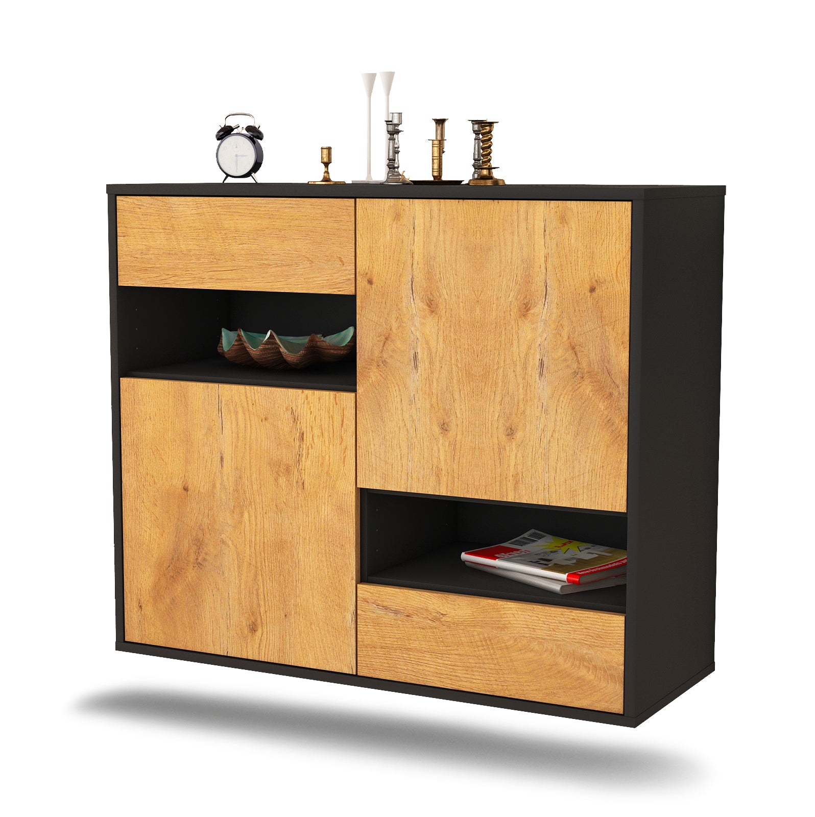 Sideboard - Carmelina - Design Holzdekor - Wandmontiert mit Push to open  92 cm Anthrazit