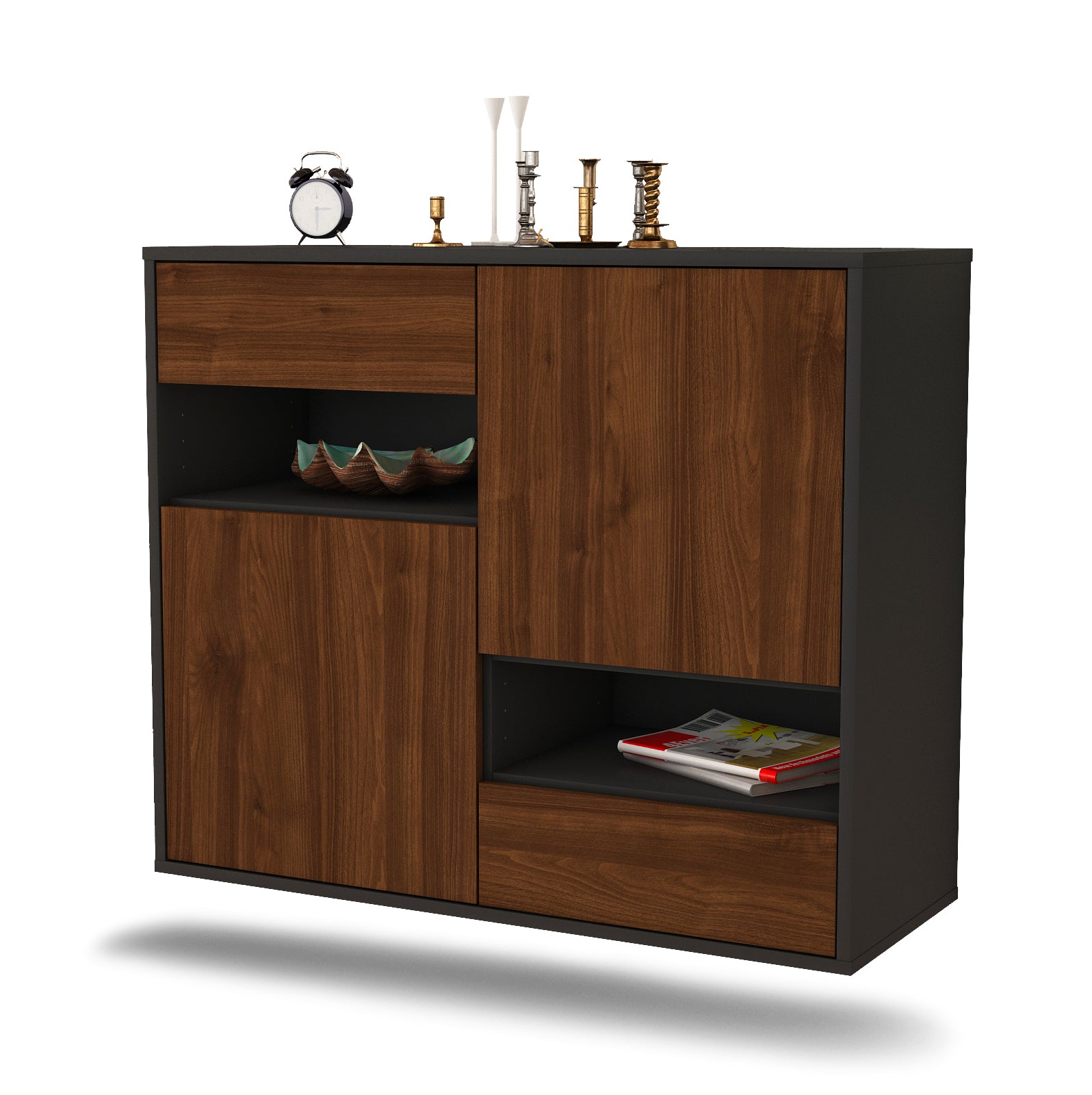 Sideboard - Carmelina - Design Holzdekor - Wandmontiert mit Push to open  92 cm Anthrazit