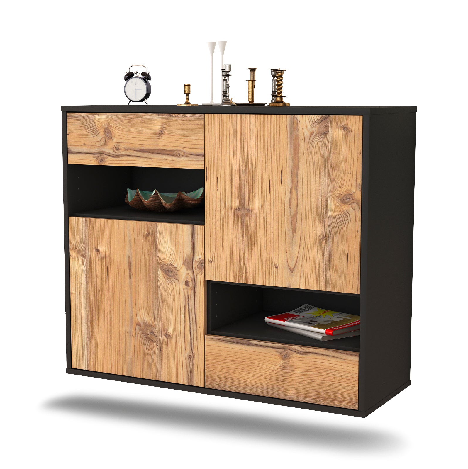 Sideboard - Carmelina - Design Holzdekor - Wandmontiert mit Push to open  92 cm Anthrazit