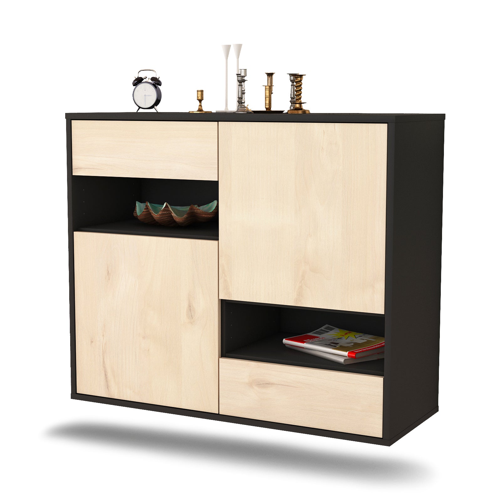 Sideboard - Carmelina - Design Holzdekor - Wandmontiert mit Push to open  92 cm Anthrazit
