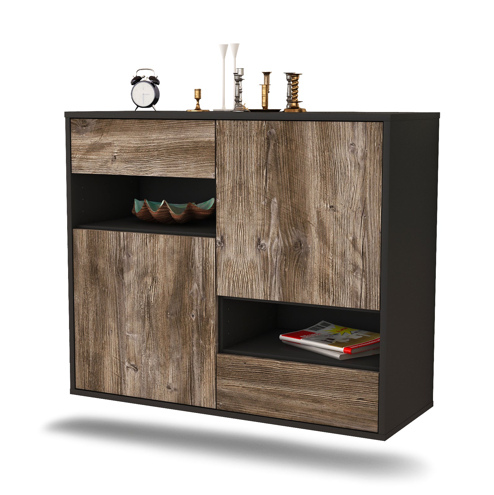 Sideboard - Carmelina - Design Holzdekor - Wandmontiert mit Push to open  92 cm Anthrazit