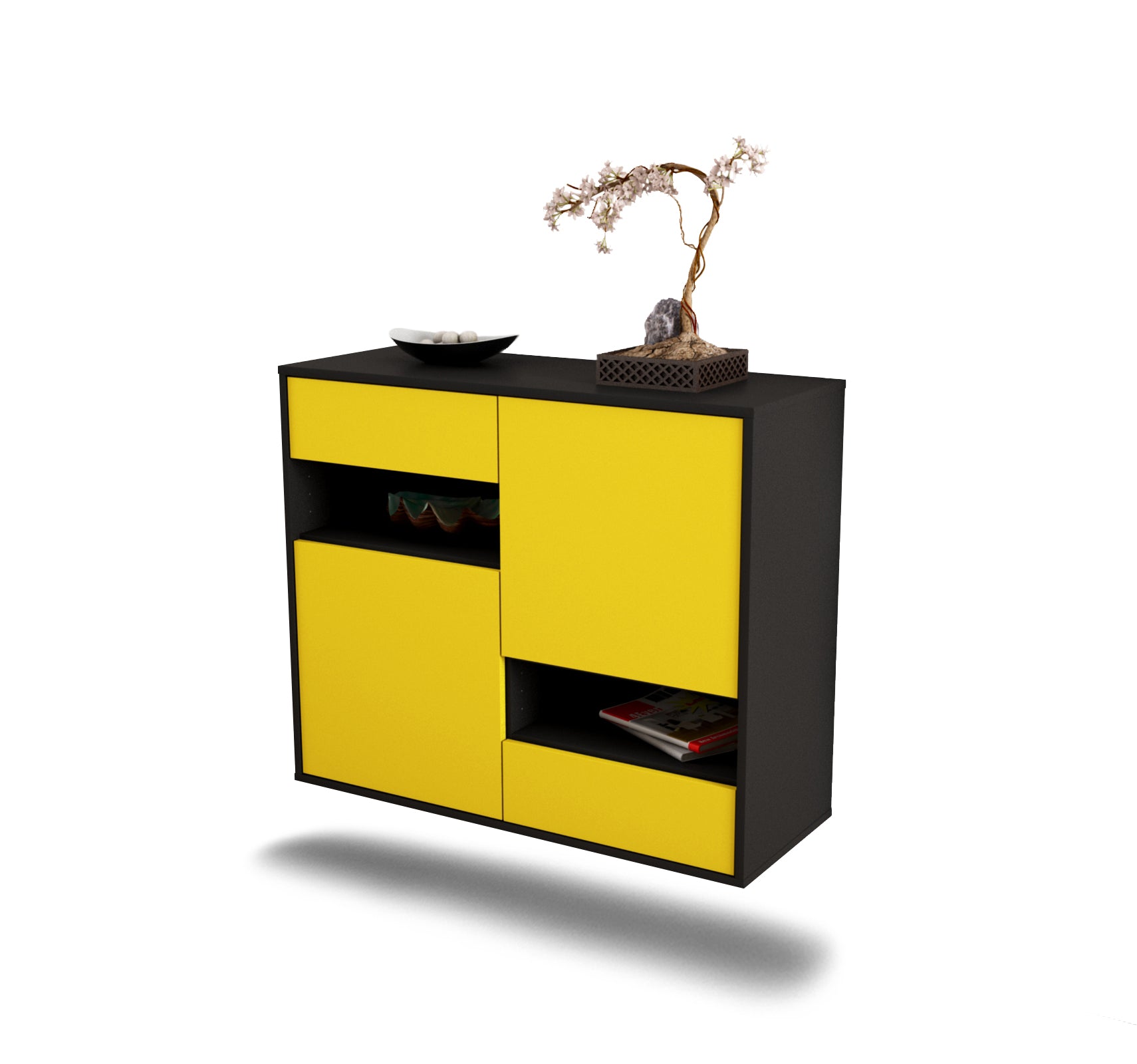 Sideboard - Carmelina - Design Farbakzent - Wandmontiert mit Push to open  92 cm Anthrazit