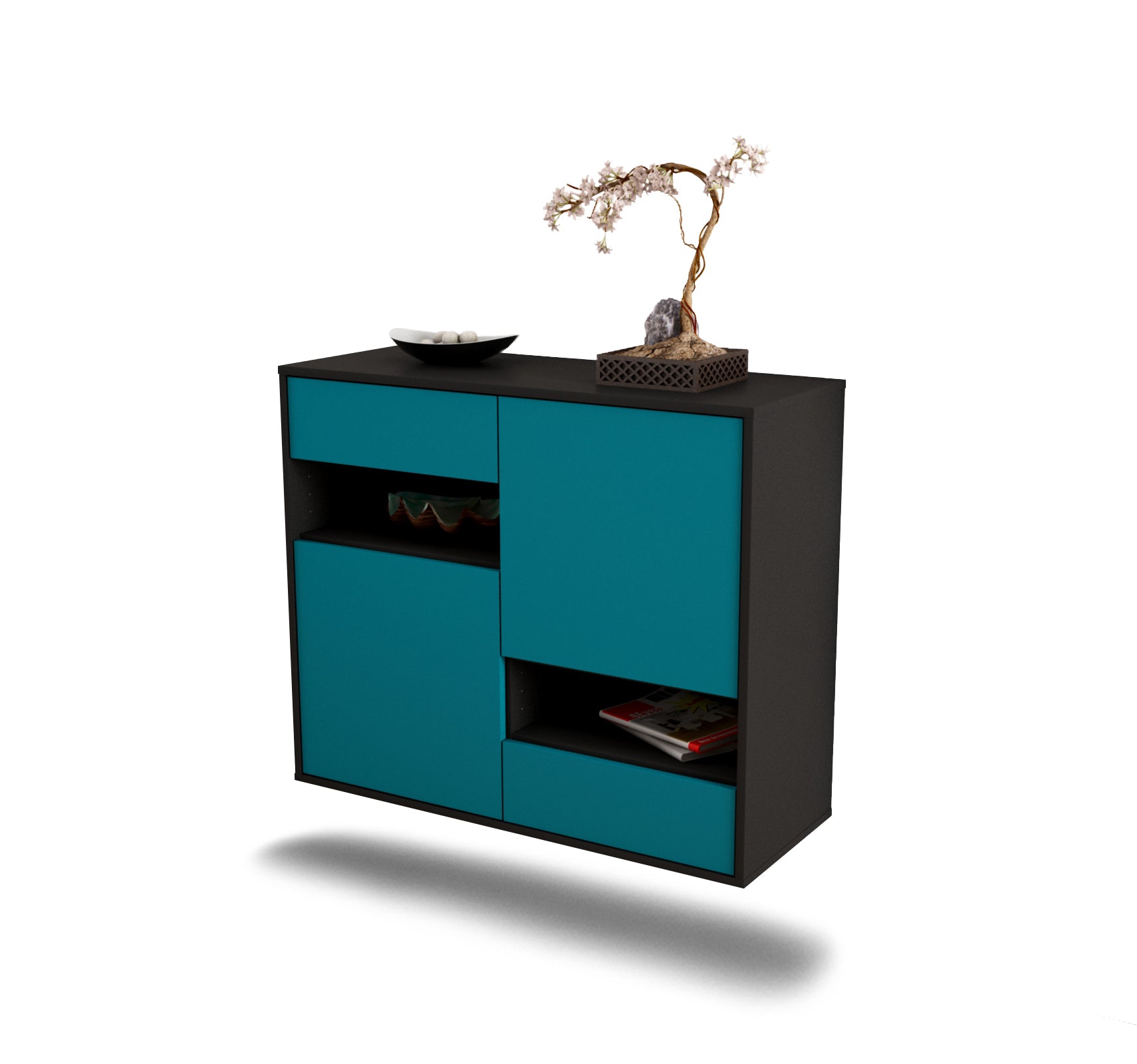 Sideboard - Carmelina - Design Farbakzent - Wandmontiert mit Push to open  92 cm Anthrazit