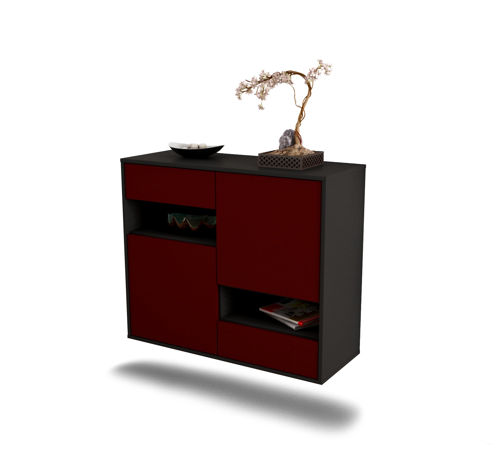 Sideboard - Carmelina - Design Farbakzent - Wandmontiert mit Push to open  92 cm Anthrazit