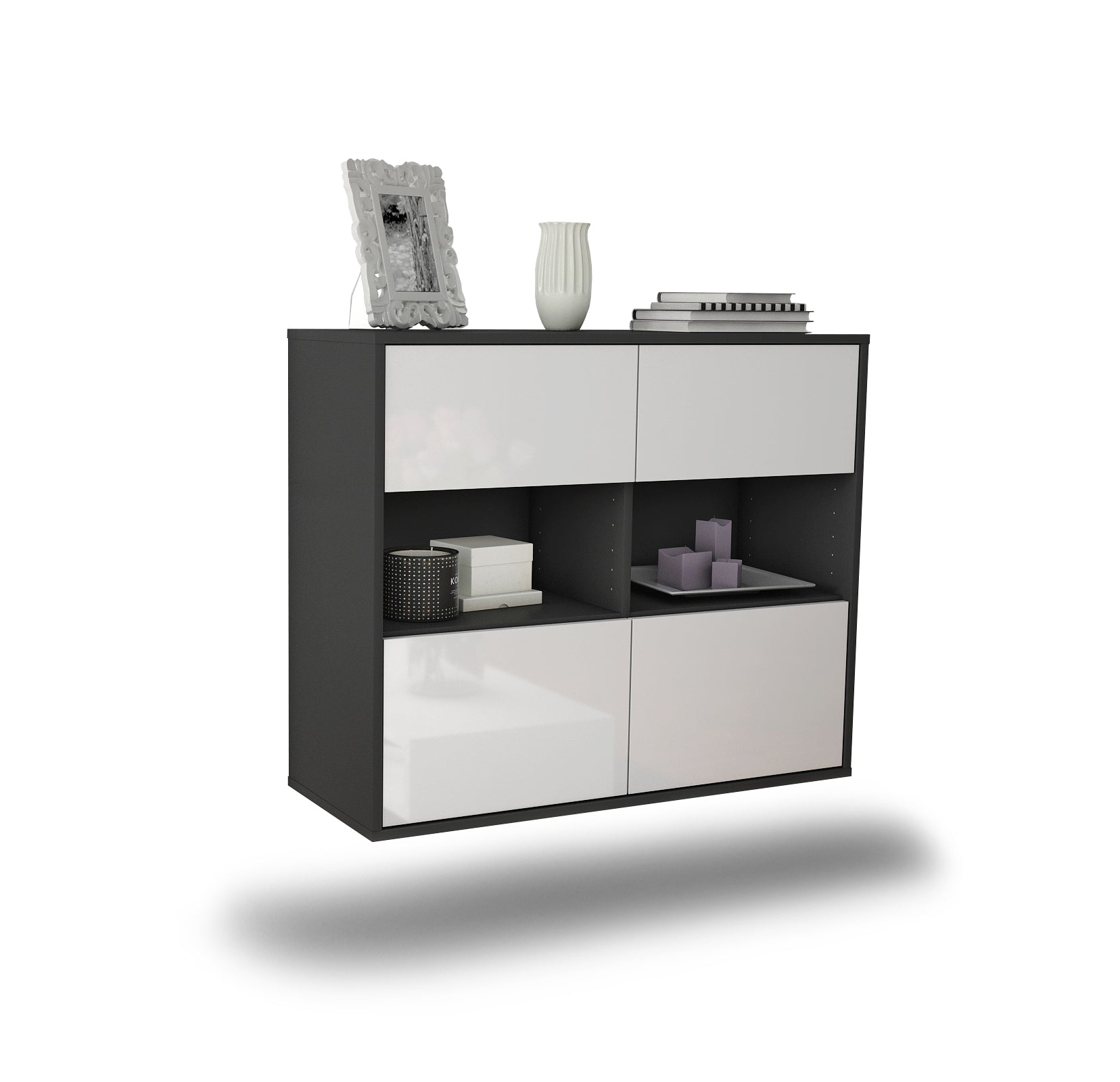 Sideboard - Carmen - Design Hochglanz - Wandmontiert mit Push to open  92 cm Anthrazit