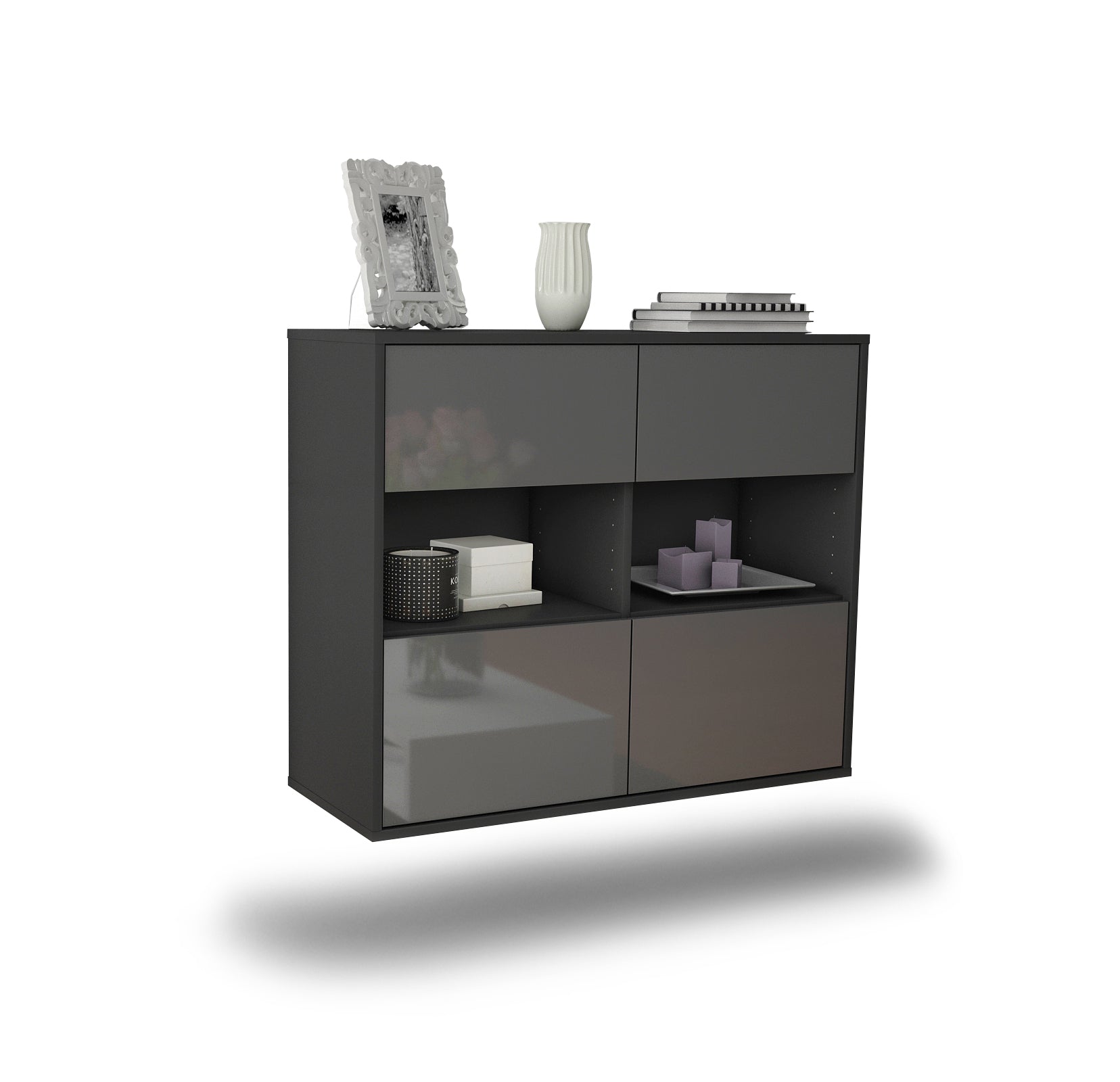 Sideboard - Carmen - Design Hochglanz - Wandmontiert mit Push to open  92 cm Anthrazit