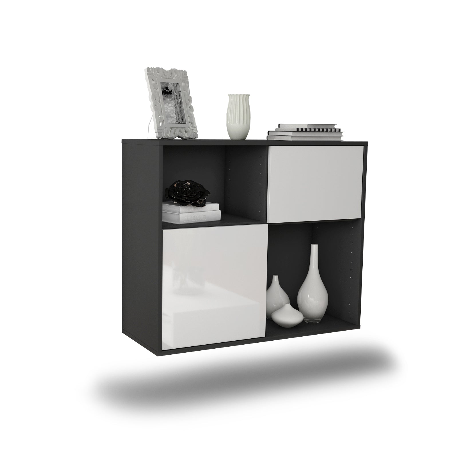 Sideboard - Carola - Design Hochglanz - Wandmontiert mit Push to open  92 cm Anthrazit