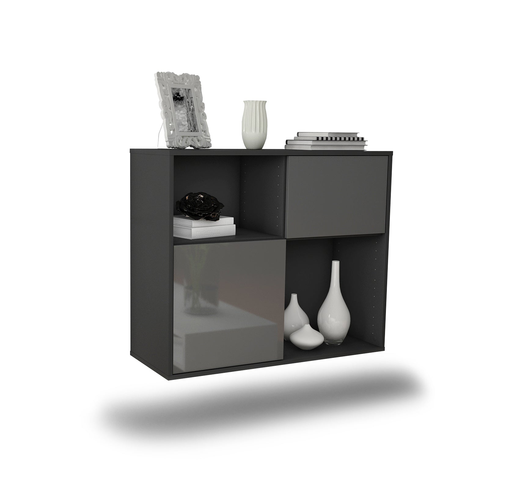 Sideboard - Carola - Design Hochglanz - Wandmontiert mit Push to open  92 cm Anthrazit