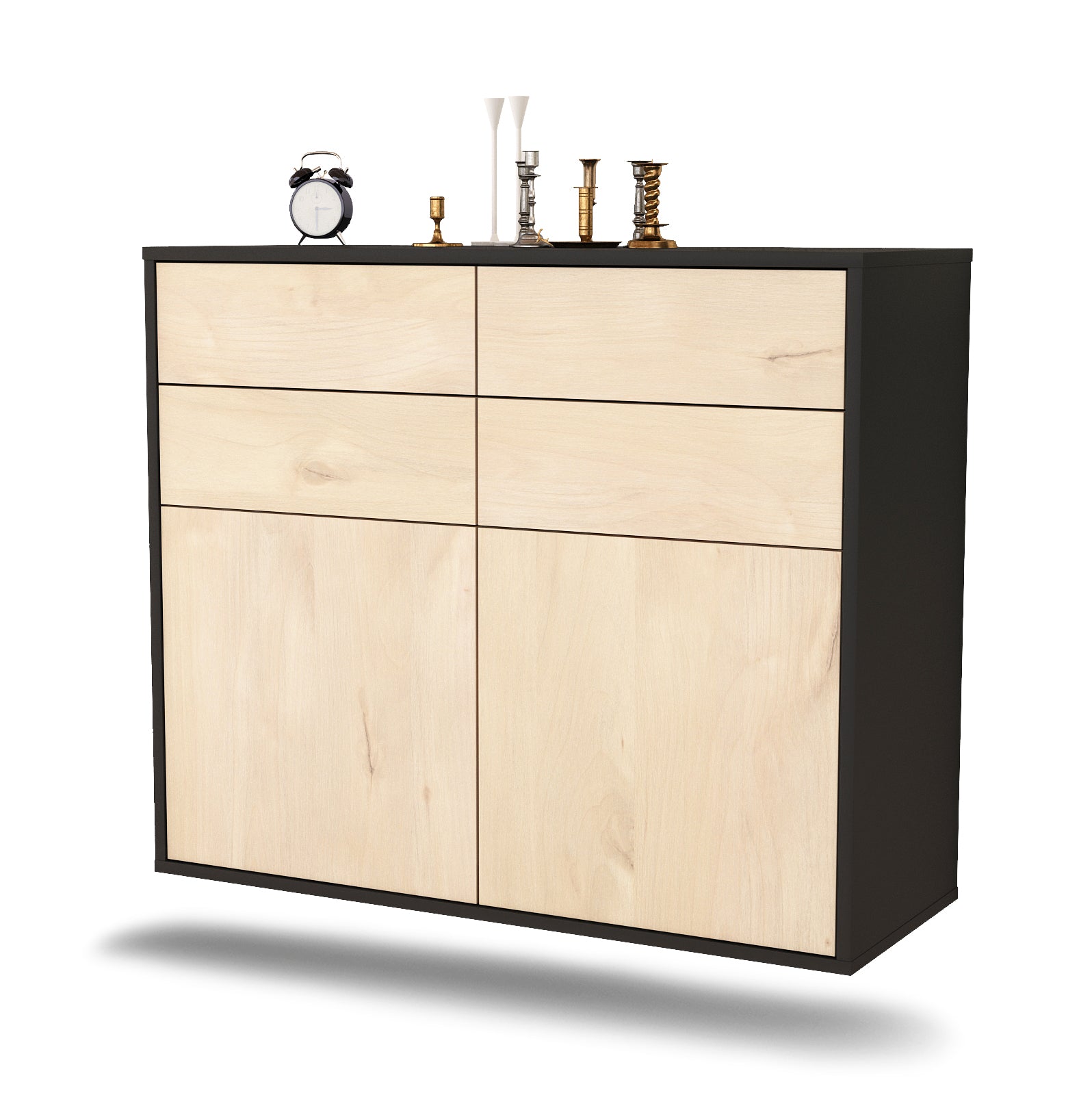 Sideboard - Celia - Design Holzdekor - Wandmontiert mit Push to open  92 cm Anthrazit