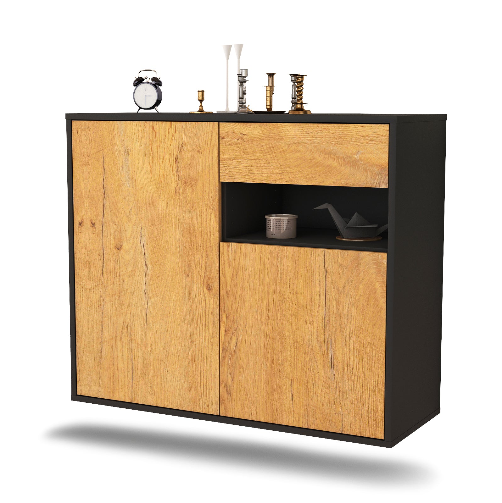 Sideboard - Charlotta - Design Holzdekor - Wandmontiert mit Push to open  92 cm Anthrazit