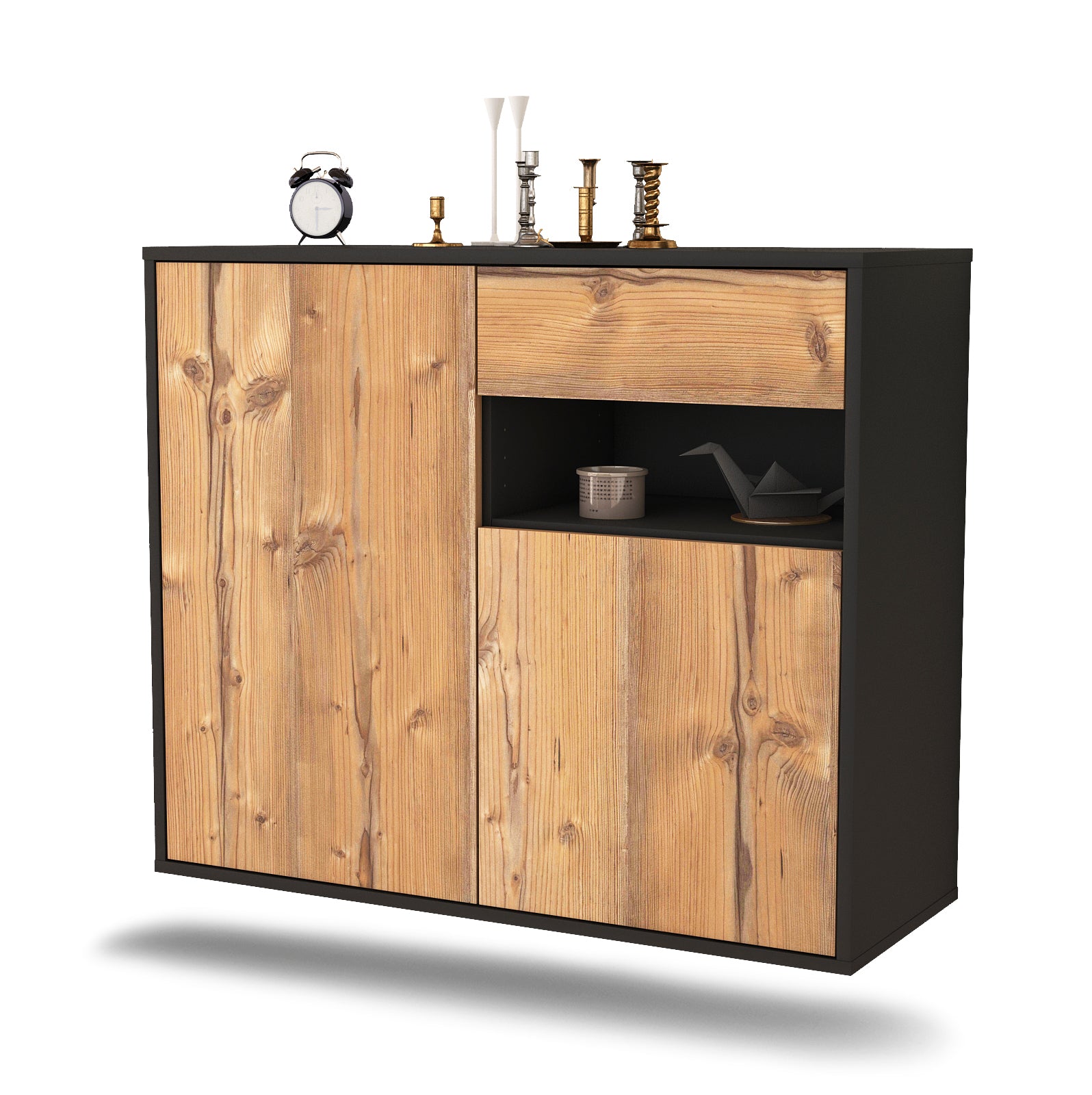 Sideboard - Charlotta - Design Holzdekor - Wandmontiert mit Push to open  92 cm Anthrazit