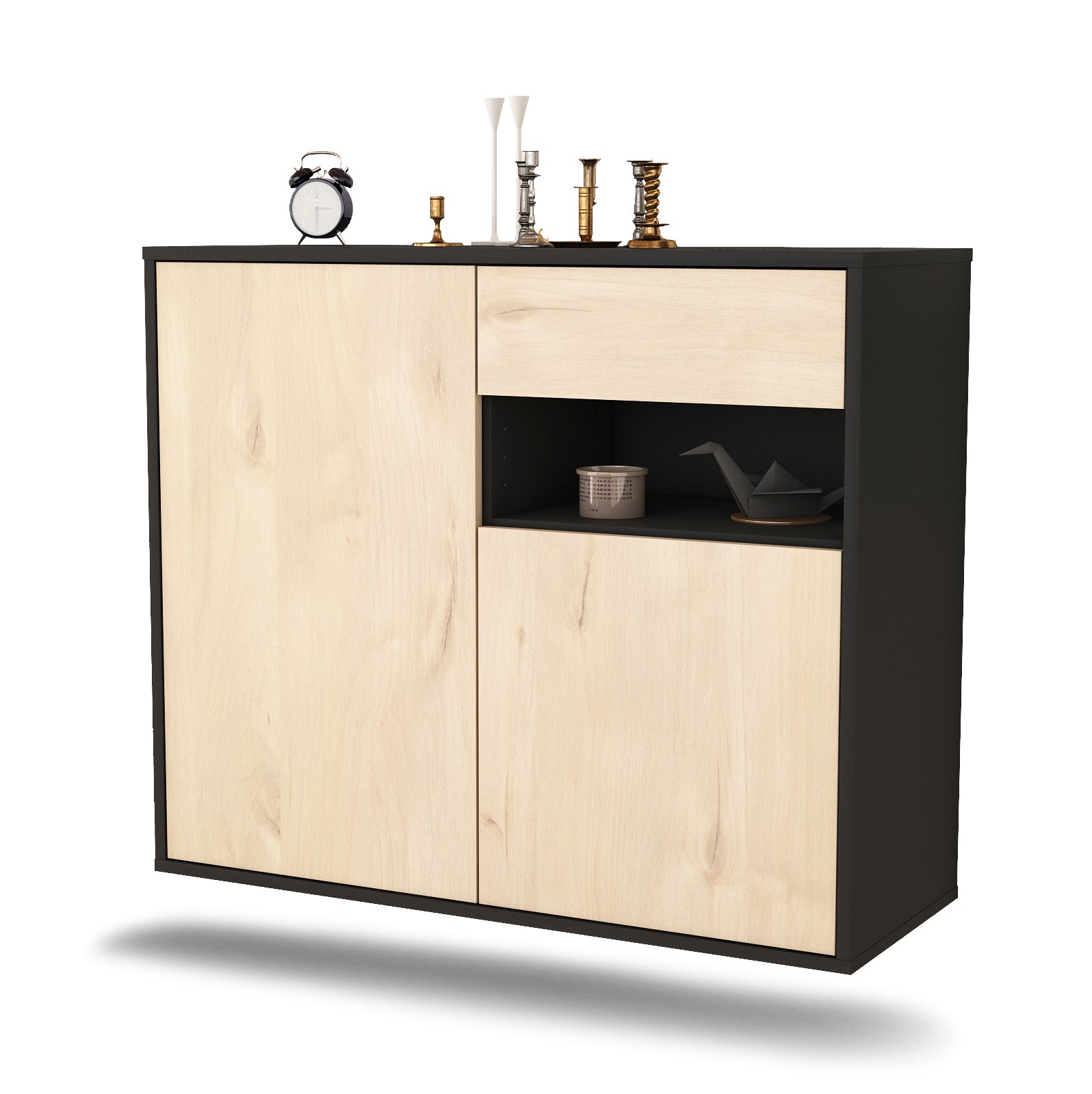 Sideboard - Charlotta - Design Holzdekor - Wandmontiert mit Push to open  92 cm Anthrazit