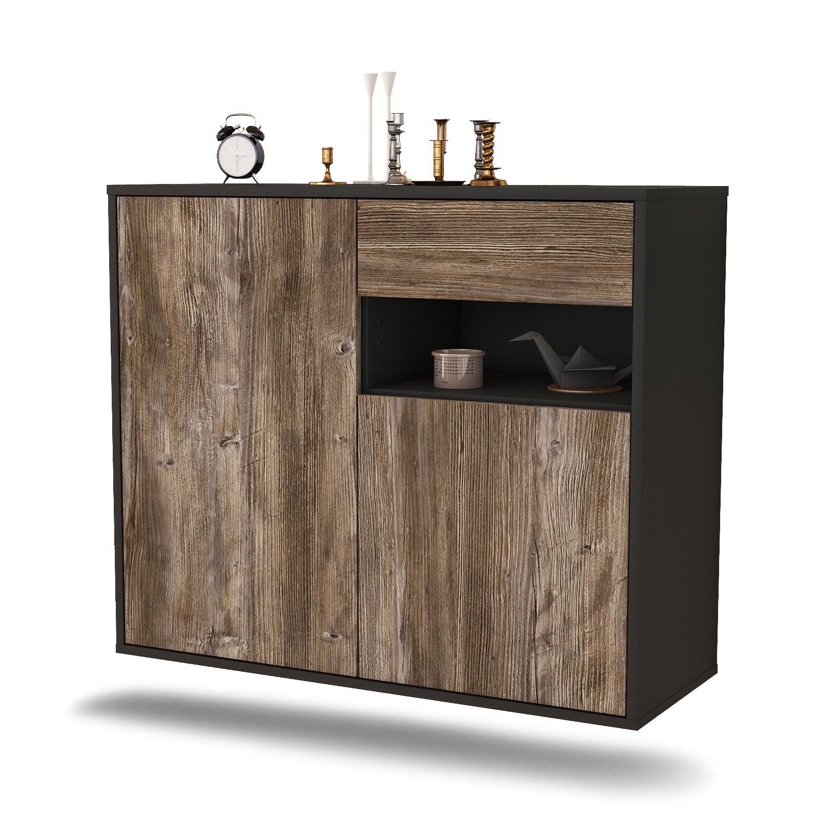 Sideboard - Charlotta - Design Holzdekor - Wandmontiert mit Push to open  92 cm Anthrazit