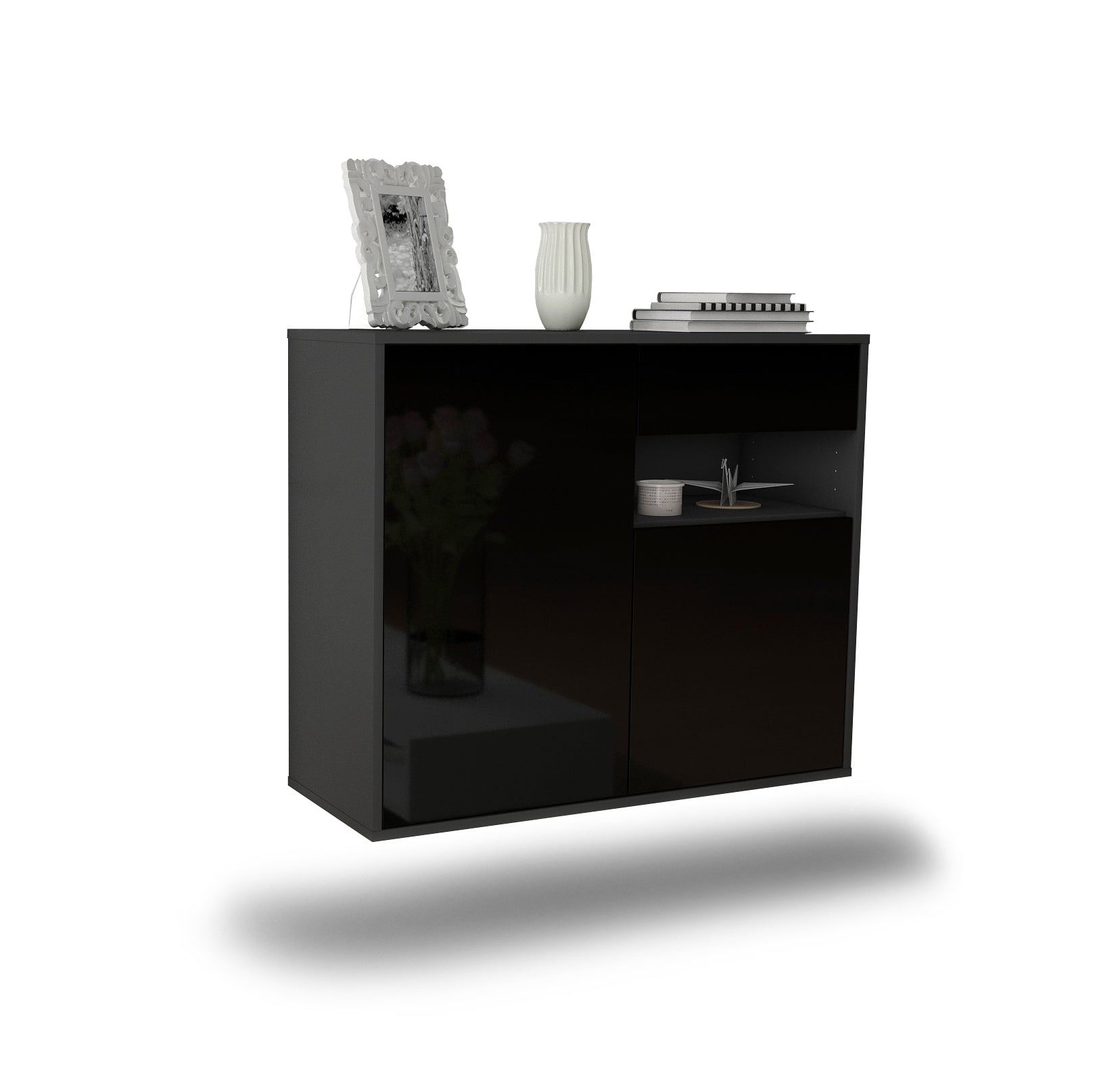 Sideboard - Charlotta - Design Hochglanz - Wandmontiert mit Push to open  92 cm Anthrazit